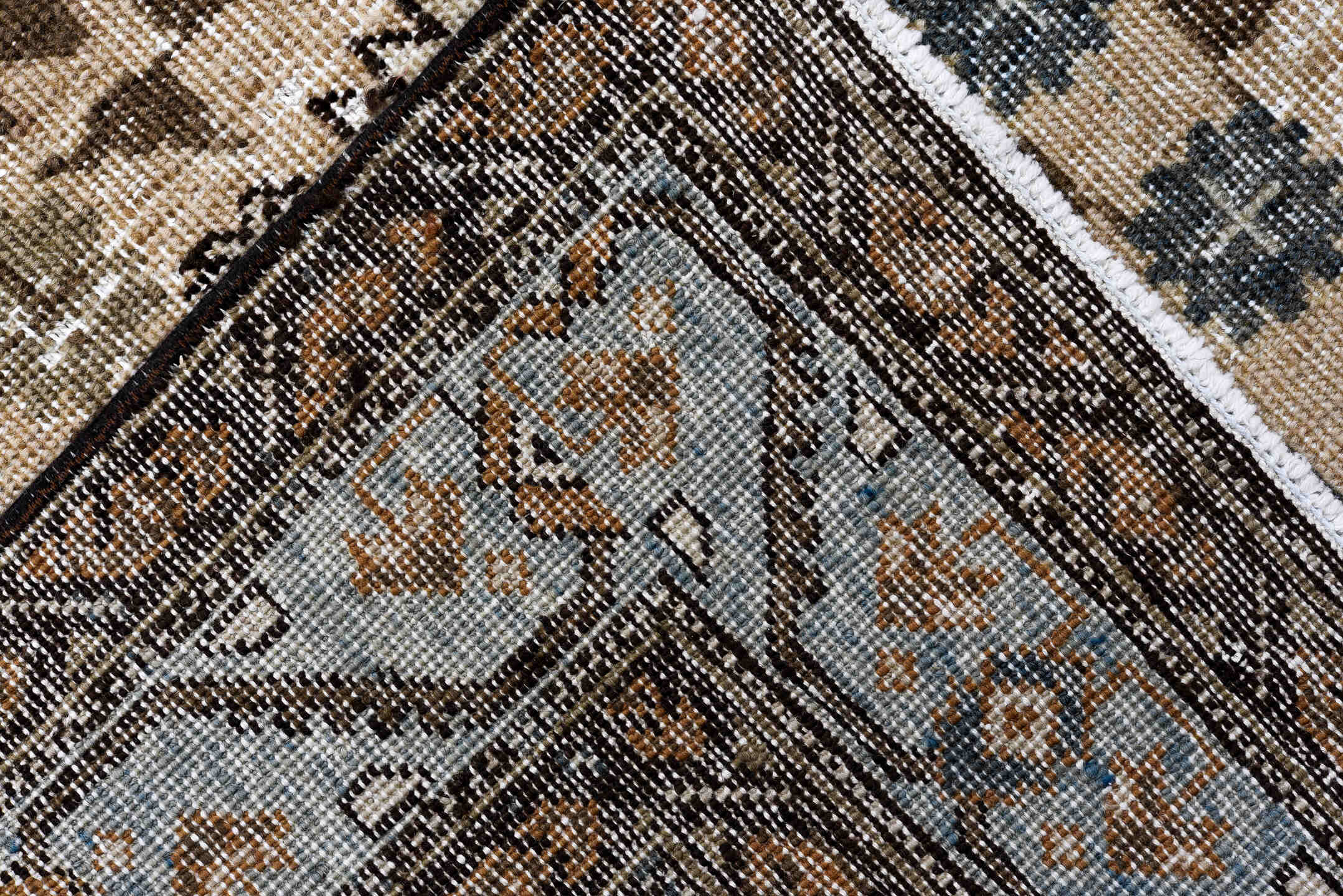 3' x 11' one-of-a-kind handmade vintage NW Persian runner rug. Color palette: black, blue, brown, charcoal, gray, light gray