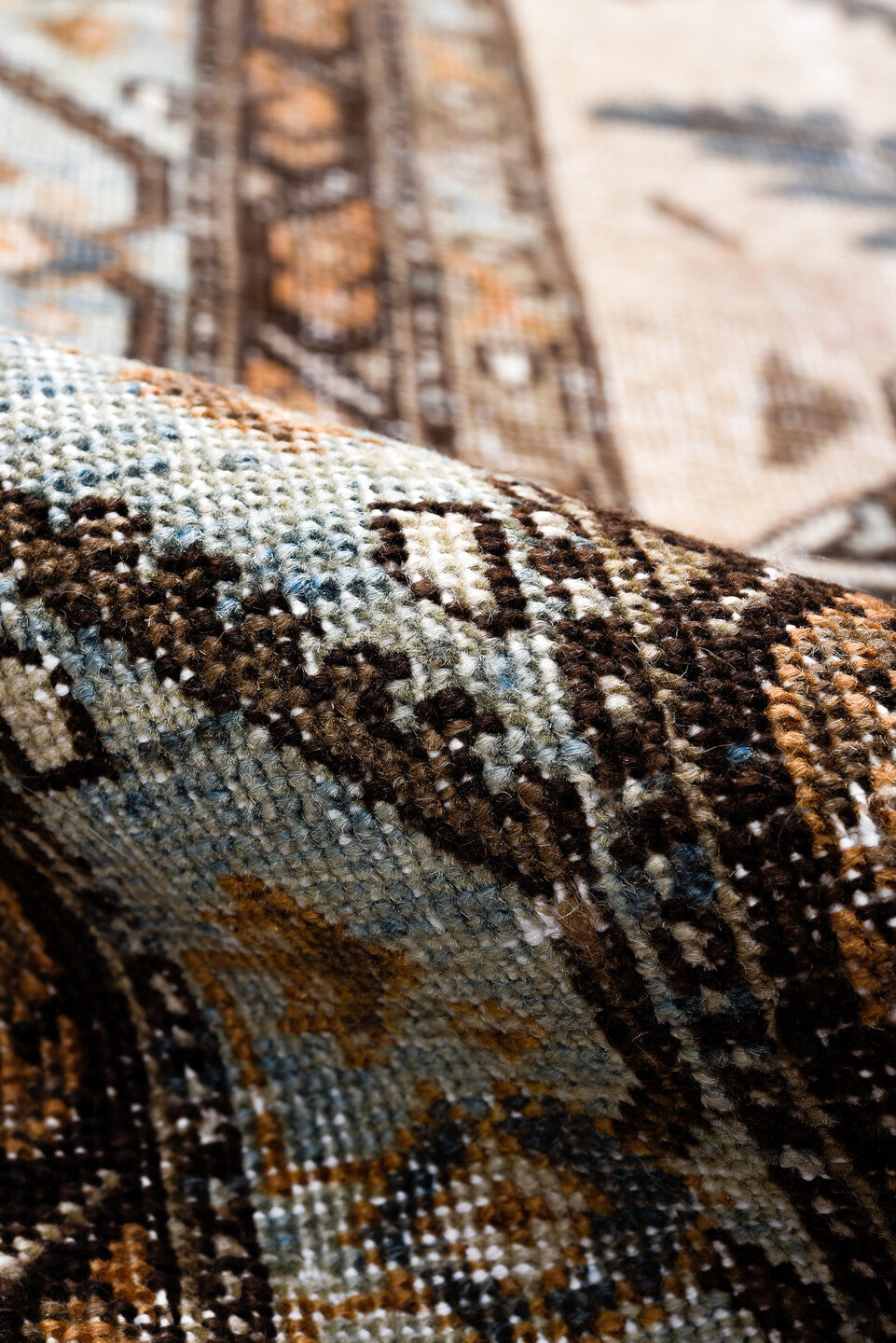 3' x 11' one-of-a-kind handmade vintage NW Persian runner rug. Color palette: black, blue, brown, charcoal, gray, light gray