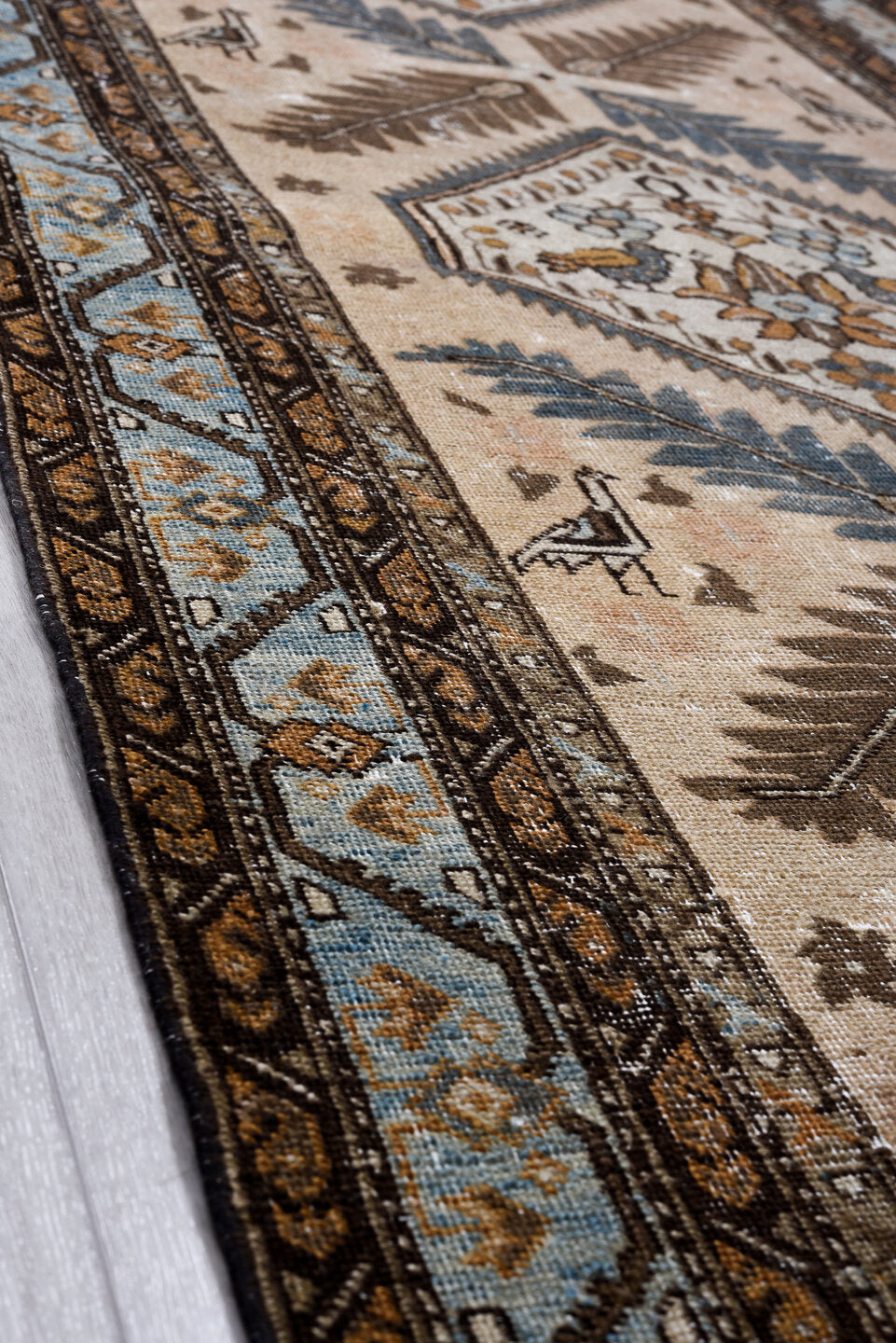 3' x 11' one-of-a-kind handmade vintage NW Persian runner rug. Color palette: black, blue, brown, charcoal, gray, light gray
