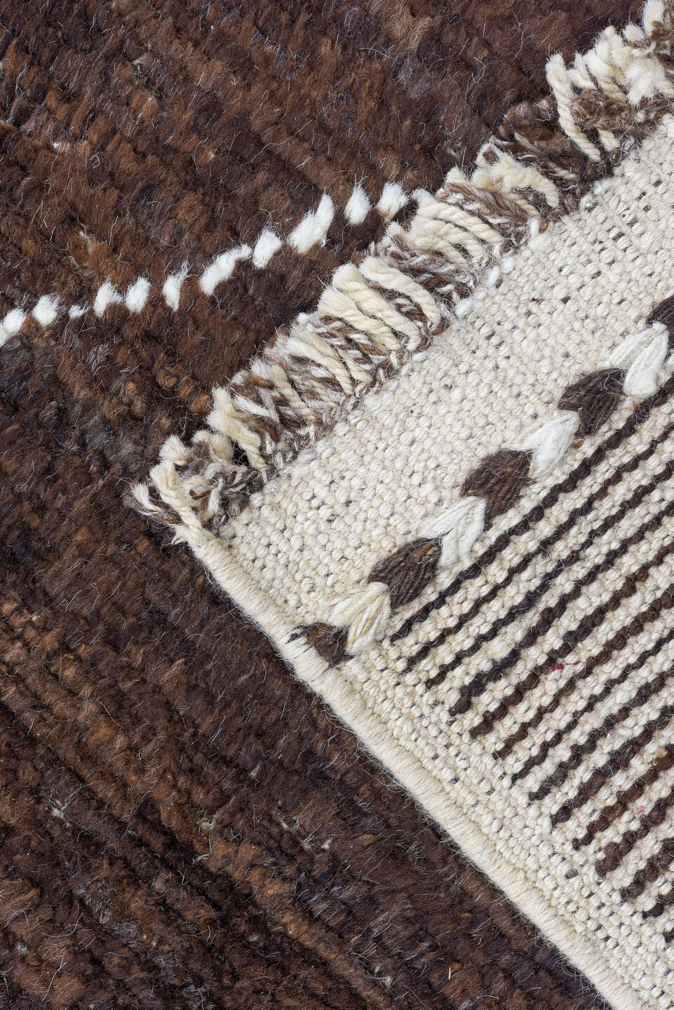8' x 9' one-of-a-kind handmade vintage Tulu rug. Color palette: brown, ivory, espresso, taupe, black, beige, gray