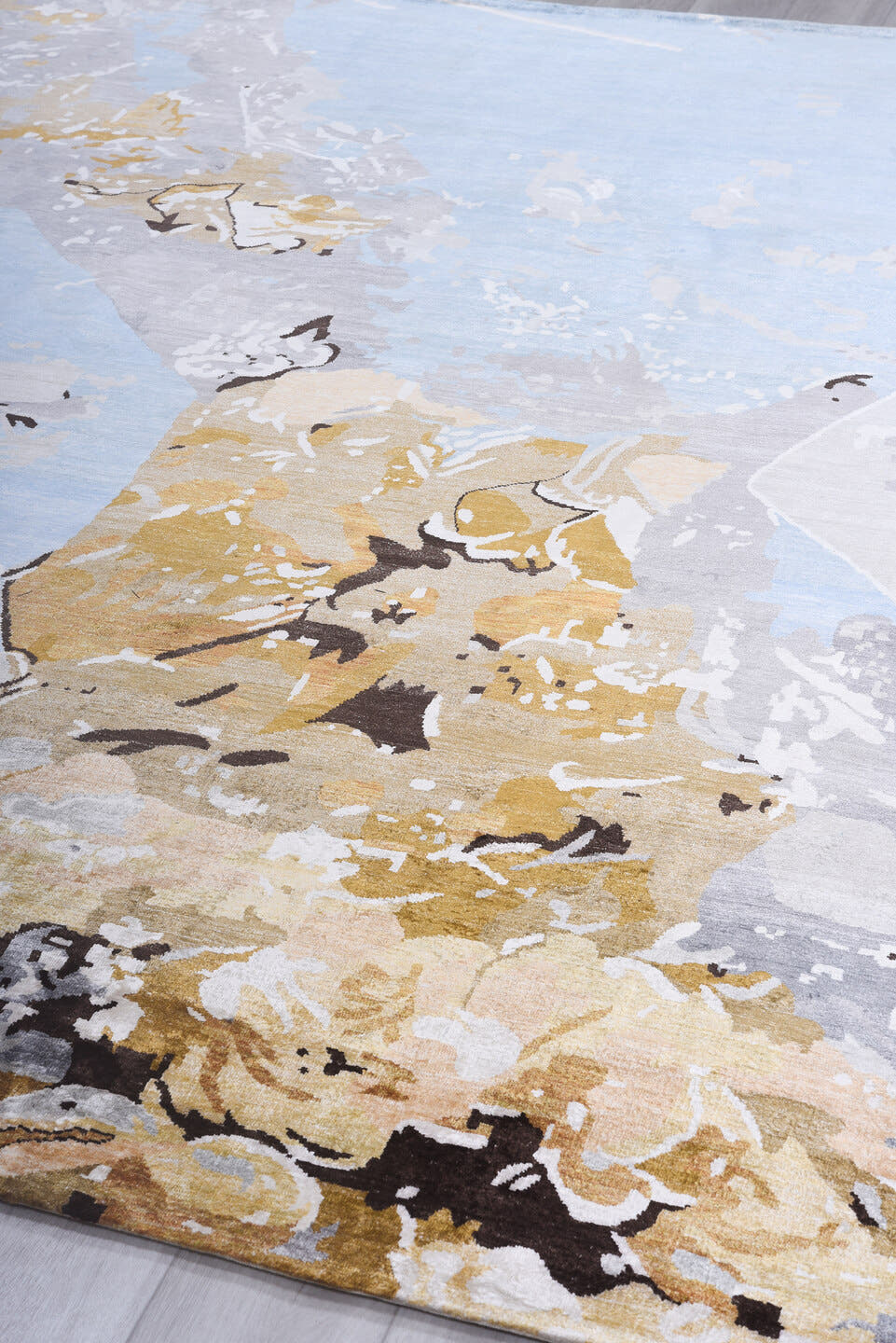 8' x 9' one-of-a-kind handmade handmade Contemporary rug. Color palette: sky blue, silver, gray, ivory, gold, taupe