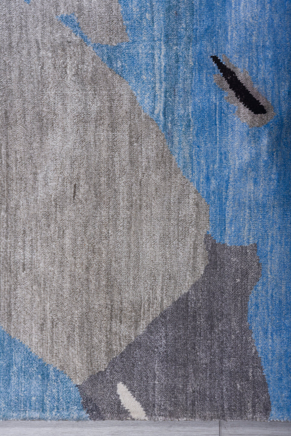 8' x 9' one-of-a-kind handmade handmade Contemporary rug. Color palette: sky blue, silver, gray, ivory, gold, taupe