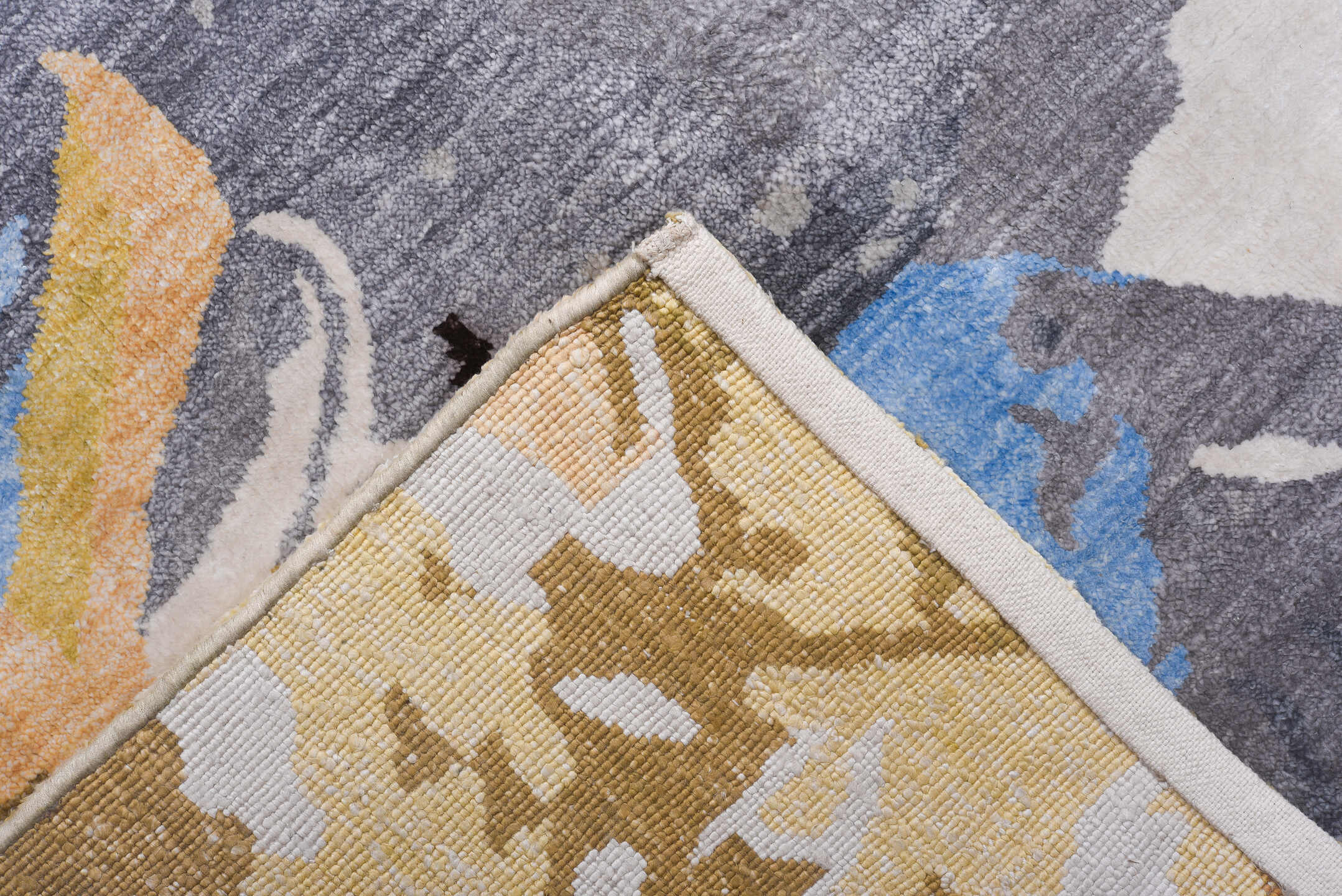 8' x 9' one-of-a-kind handmade handmade Contemporary rug. Color palette: sky blue, silver, gray, ivory, gold, taupe
