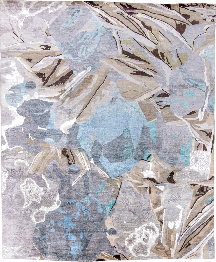 8' x 9' one-of-a-kind handmade vintage Contemporary rug. Color palette: black, blue, brown, gainsboro, gray, light blue
