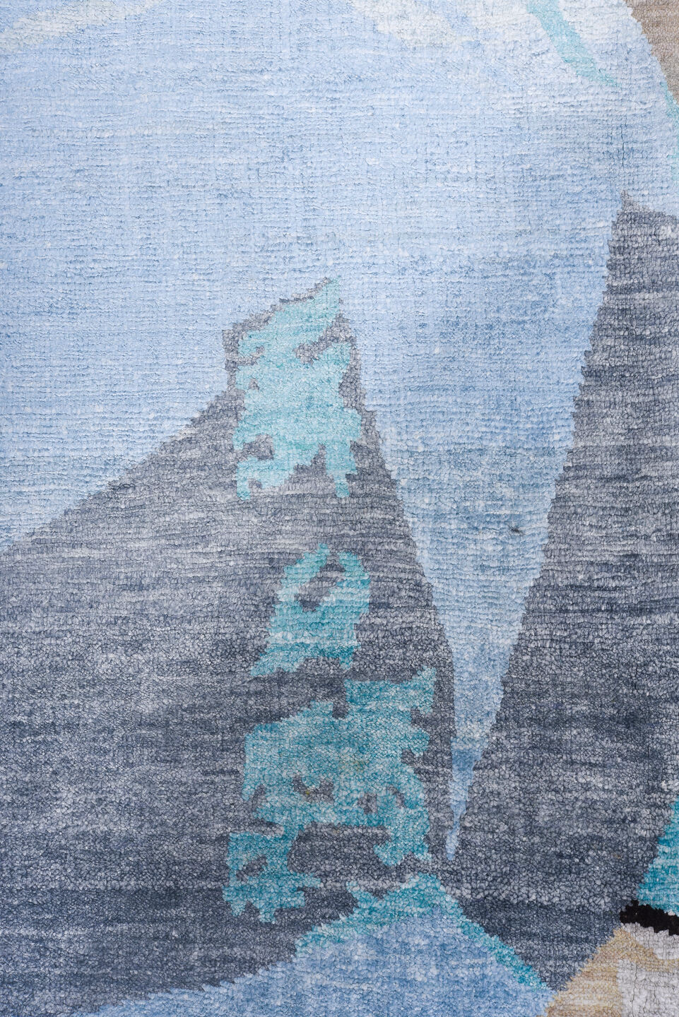 8' x 9' one-of-a-kind handmade handmade Contemporary rug. Color palette: gray, taupe, ivory, sky blue, beige, charcoal, aqua