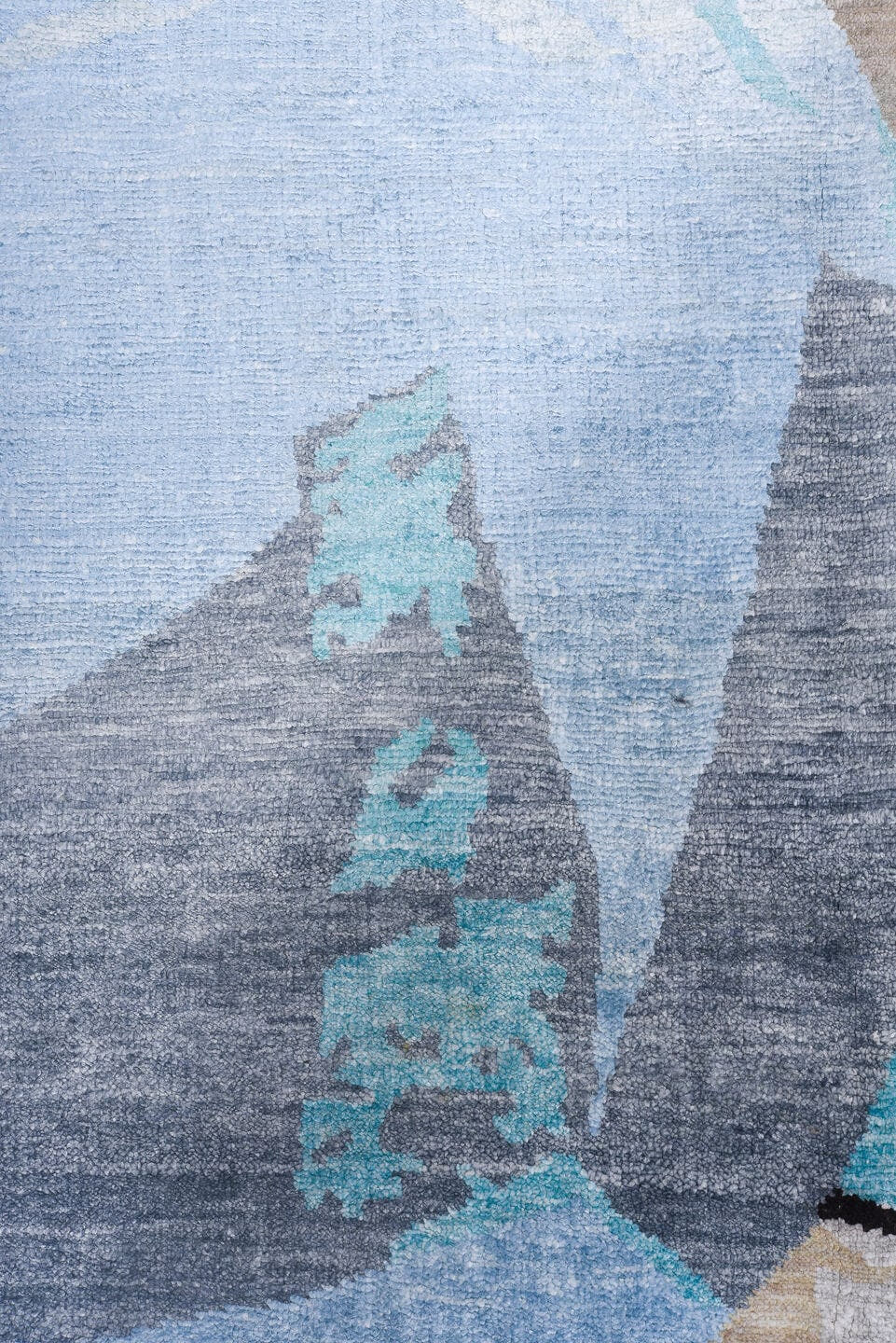 8' x 9' one-of-a-kind handmade handmade Contemporary rug. Color palette: gray, taupe, ivory, sky blue, beige, charcoal, aqua