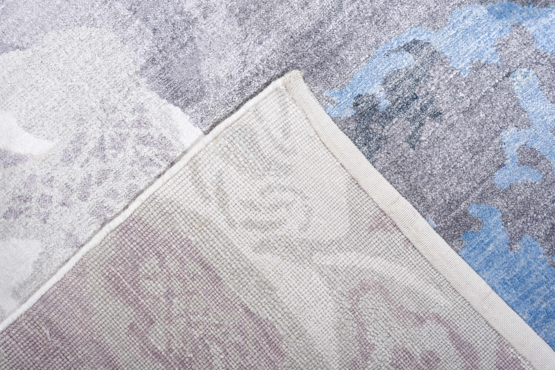 8' x 9' one-of-a-kind handmade handmade Contemporary rug. Color palette: gray, taupe, ivory, sky blue, beige, charcoal, aqua