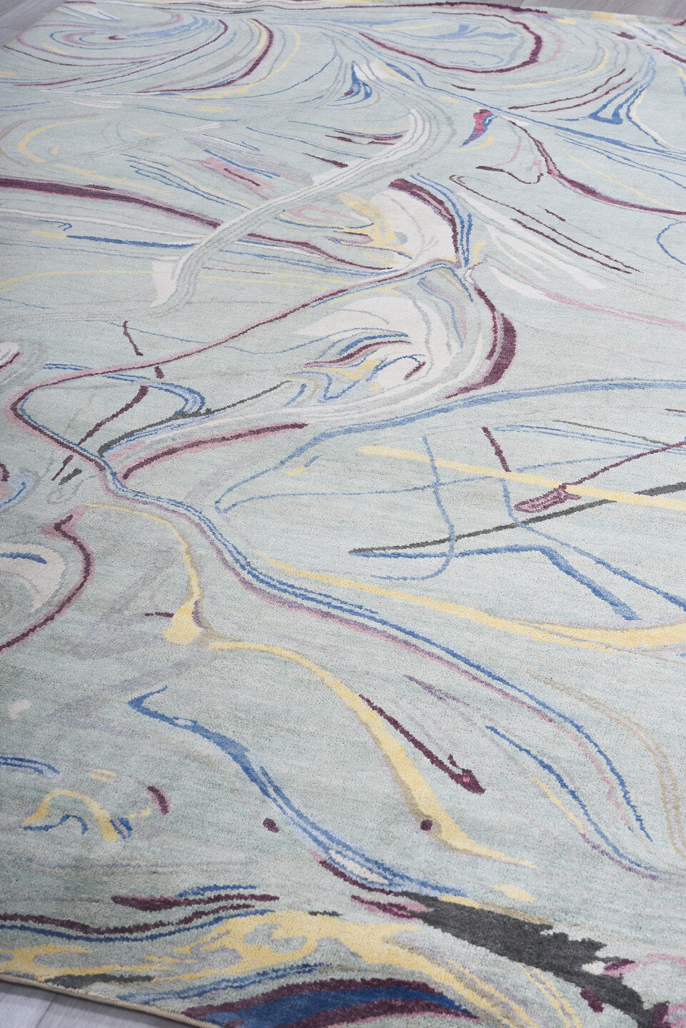 6' x 9' one-of-a-kind handmade vintage Contemporary medium size rug. Color palette: blue, brown, burlywood, dark gray, fiord