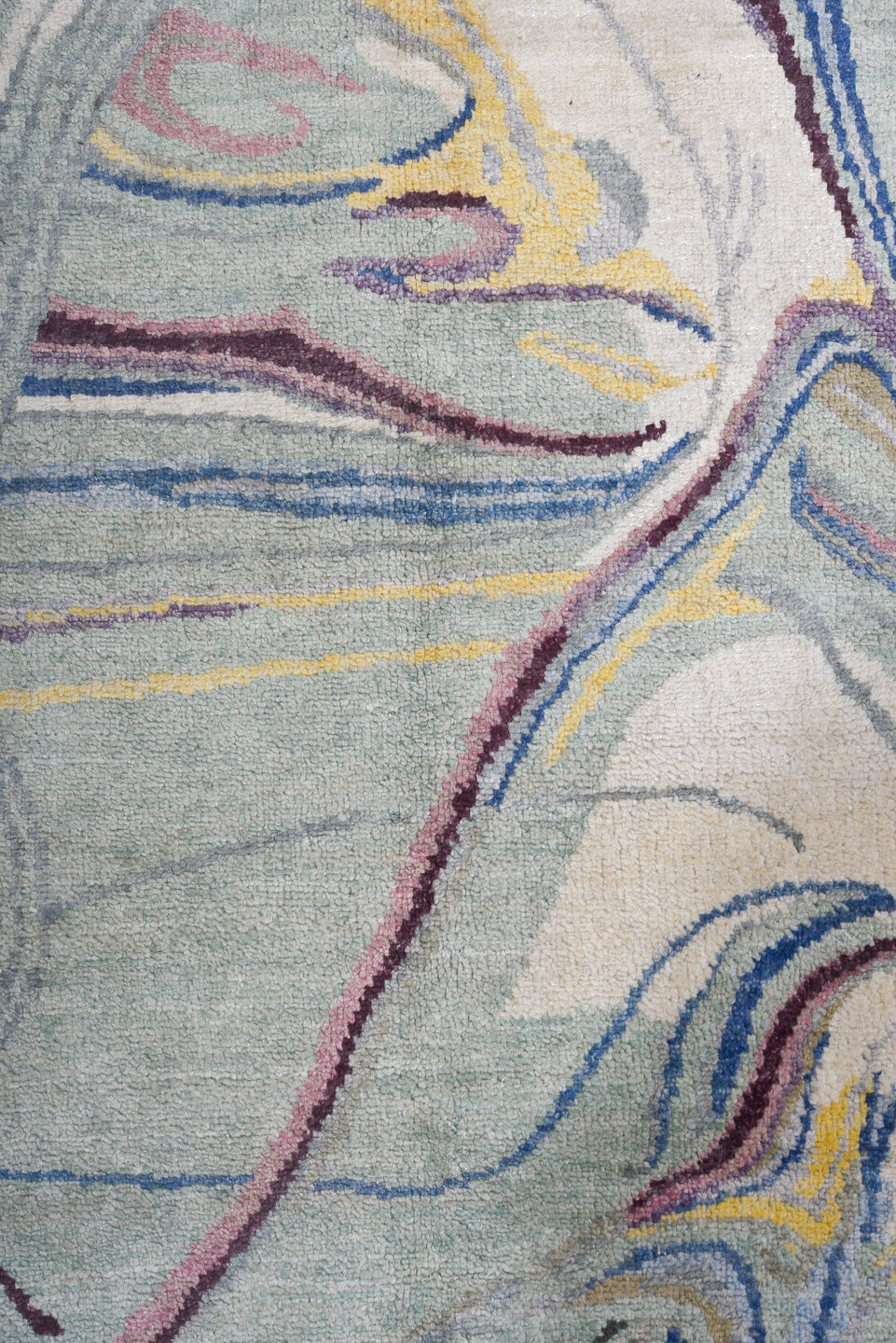 6' x 9' one-of-a-kind handmade vintage Contemporary medium size rug. Color palette: blue, brown, burlywood, dark gray, fiord