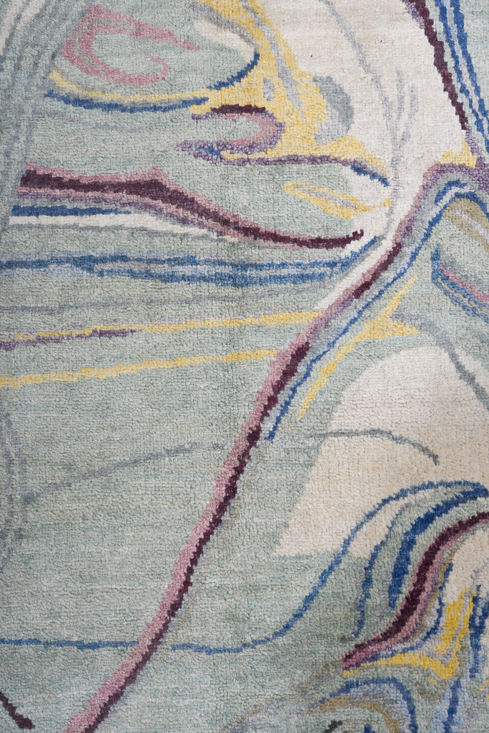 6' x 9' one-of-a-kind handmade handmade Contemporary medium size rug. Color palette: aqua, ivory, blue, plum, pink