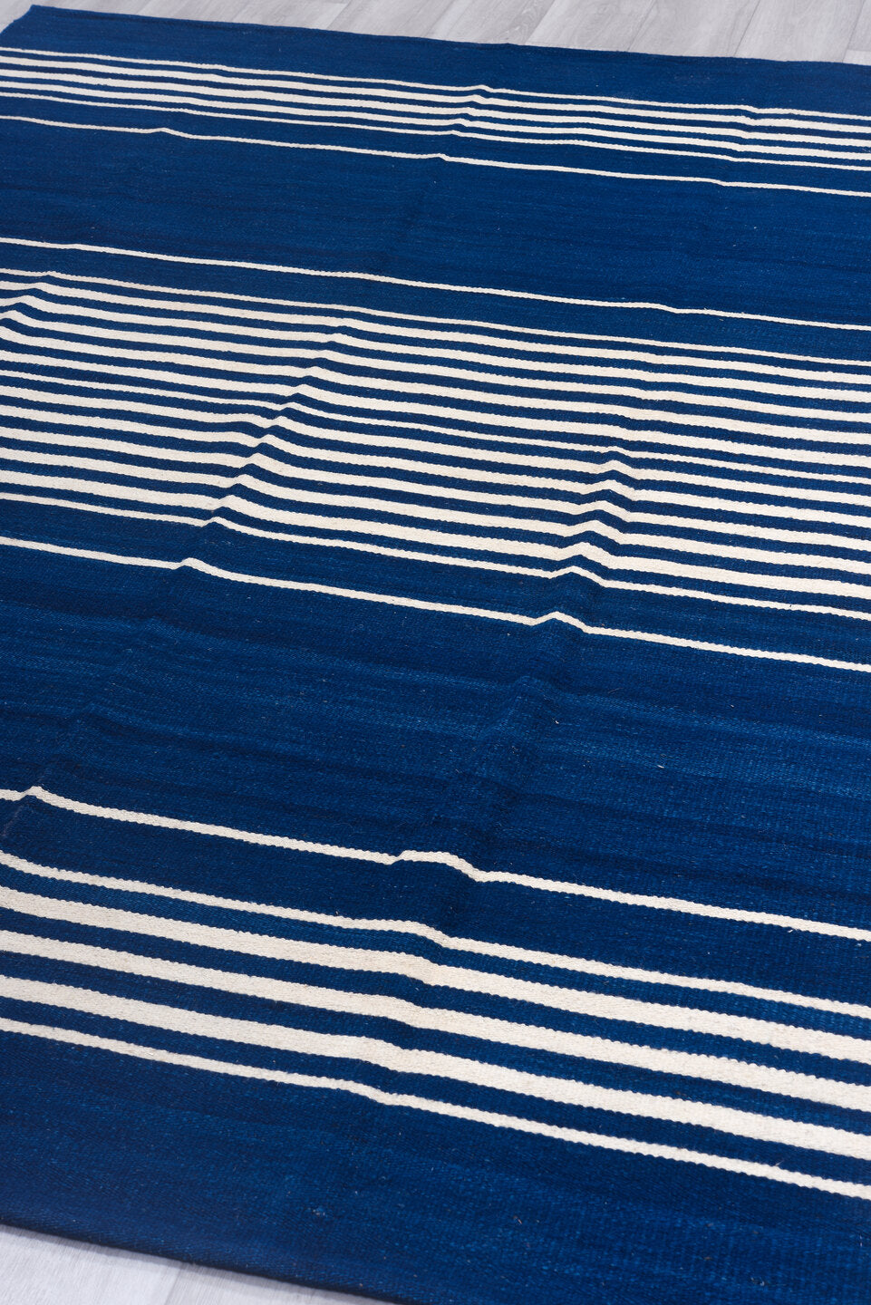 6' x 8' one-of-a-kind handmade vintage Kilim medium size rug. Color palette: indigo, ivory, purple
