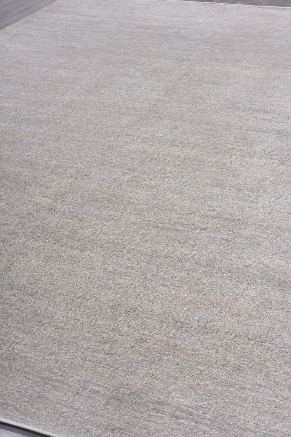 9' x 13' one-of-a-kind handmade vintage Sari Silk large size rug. Color palette: ivory, silver, taupe, cream, pale gray