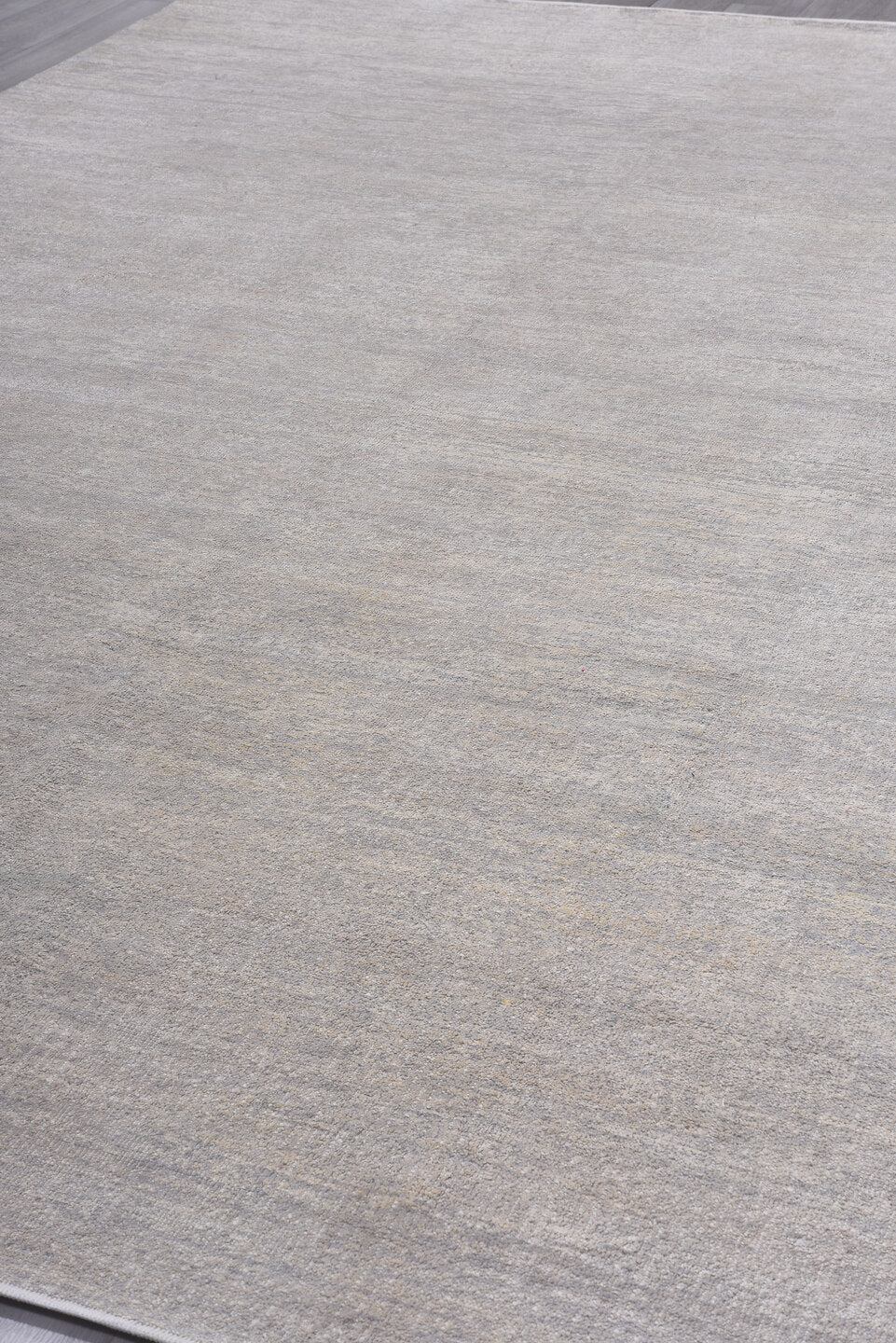9' x 13' one-of-a-kind handmade vintage Sari Silk large size rug. Color palette: ivory, silver, taupe, cream, pale gray