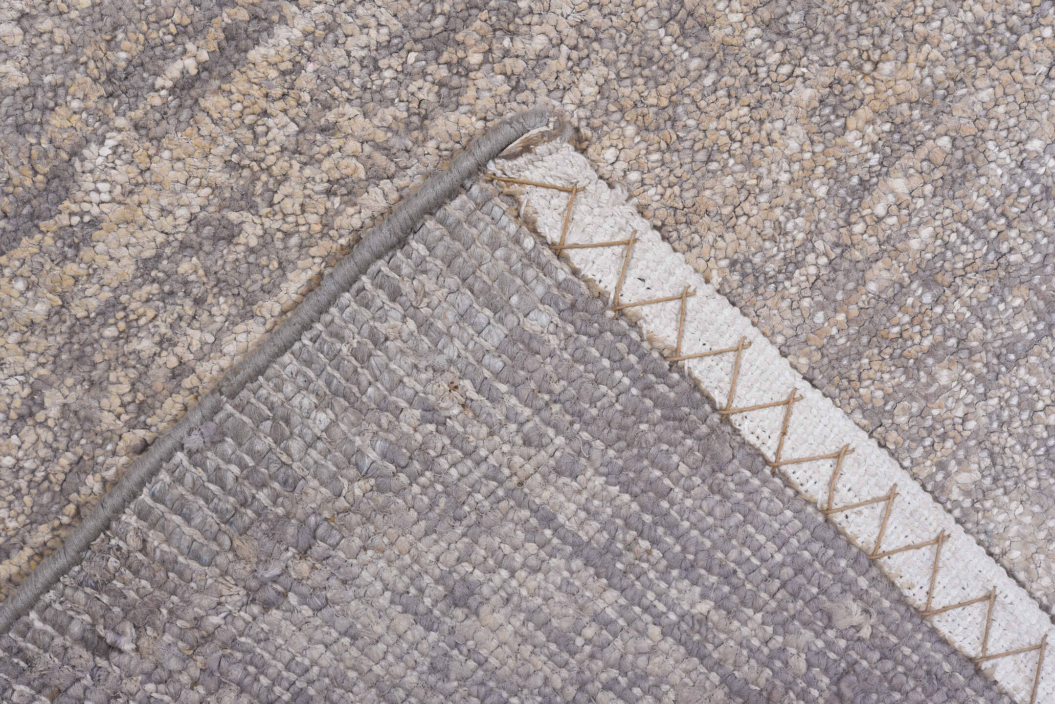 9' x 13' one-of-a-kind handmade vintage Sari Silk large size rug. Color palette: ivory, silver, taupe, cream, pale gray
