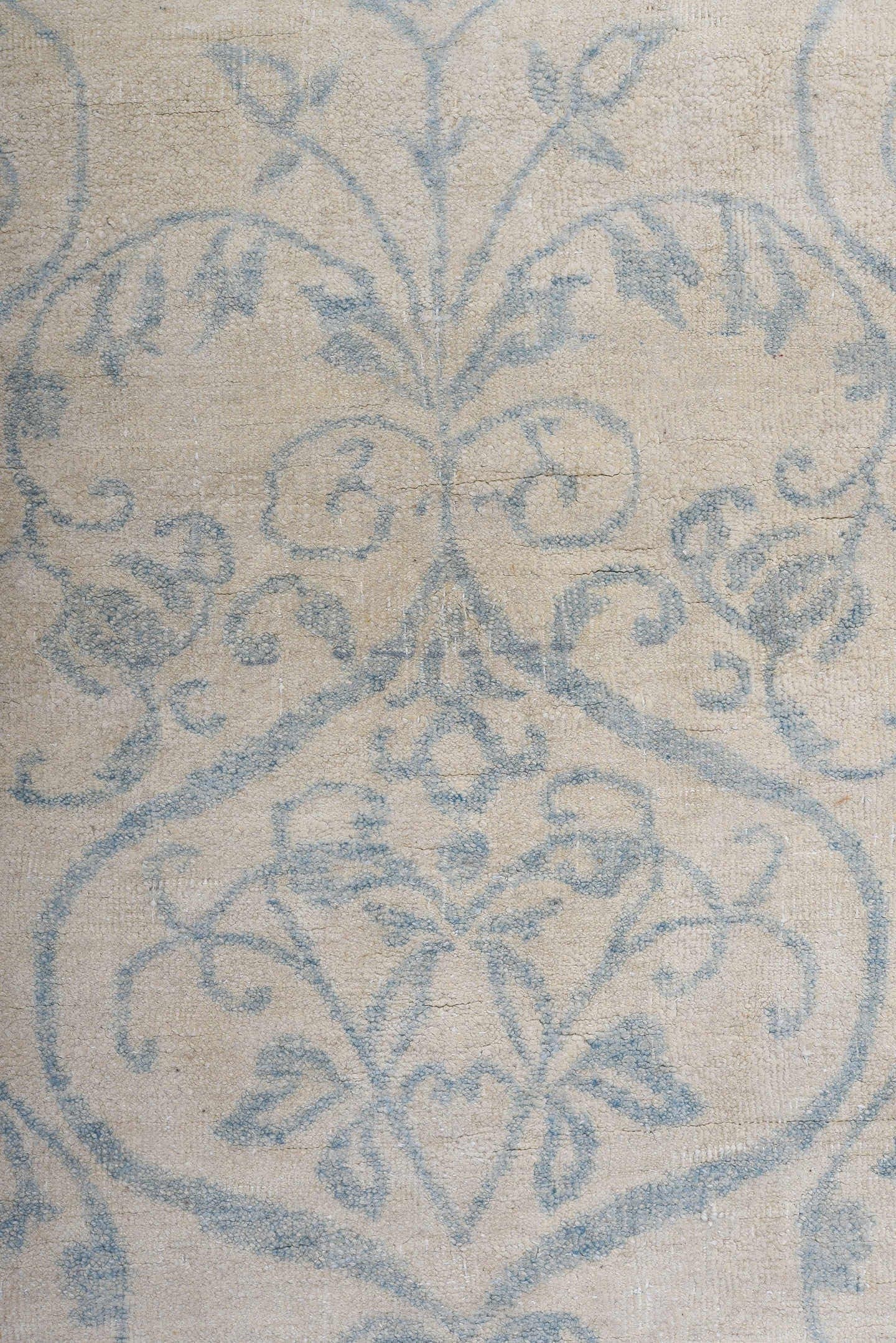 8' x 11' one-of-a-kind handmade vintage European large size rug. Color palette: ivory, pale blue, cream, sky blue, taupe