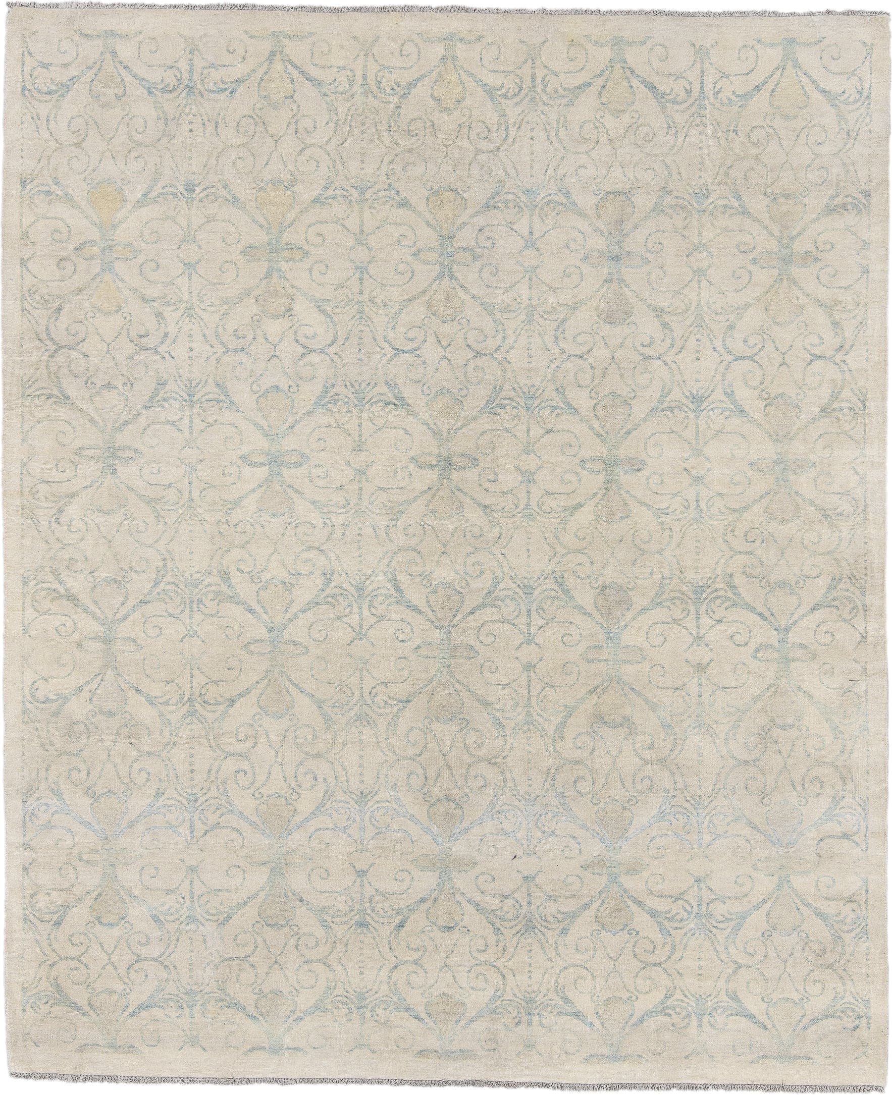 8' x 9' one-of-a-kind handmade vintage European rug. Color palette: ivory, pale blue, cream, beige, light blue