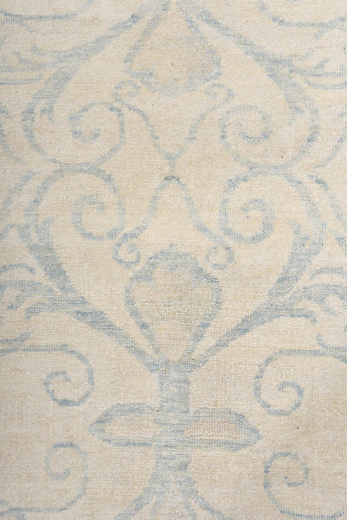 8' x 9' one-of-a-kind handmade vintage European rug. Color palette: ivory, pale blue, cream, beige, light blue