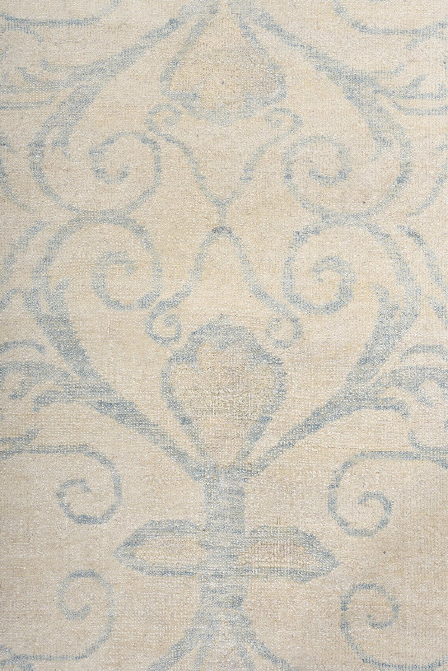 8' x 9' one-of-a-kind handmade vintage European rug. Color palette: ivory, pale blue, cream, beige, light blue