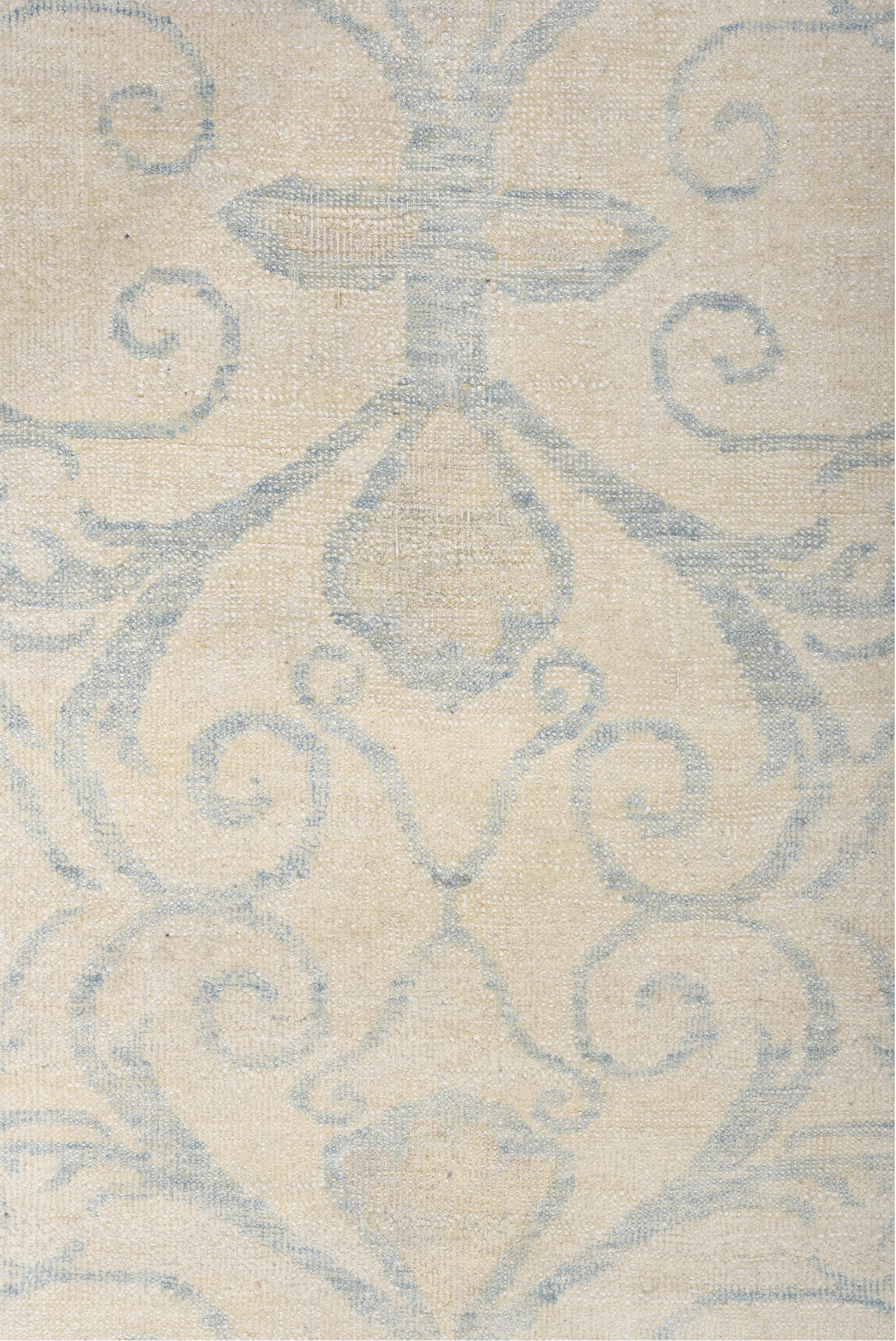 8' x 9' one-of-a-kind handmade vintage European rug. Color palette: ivory, pale blue, cream, beige, light blue