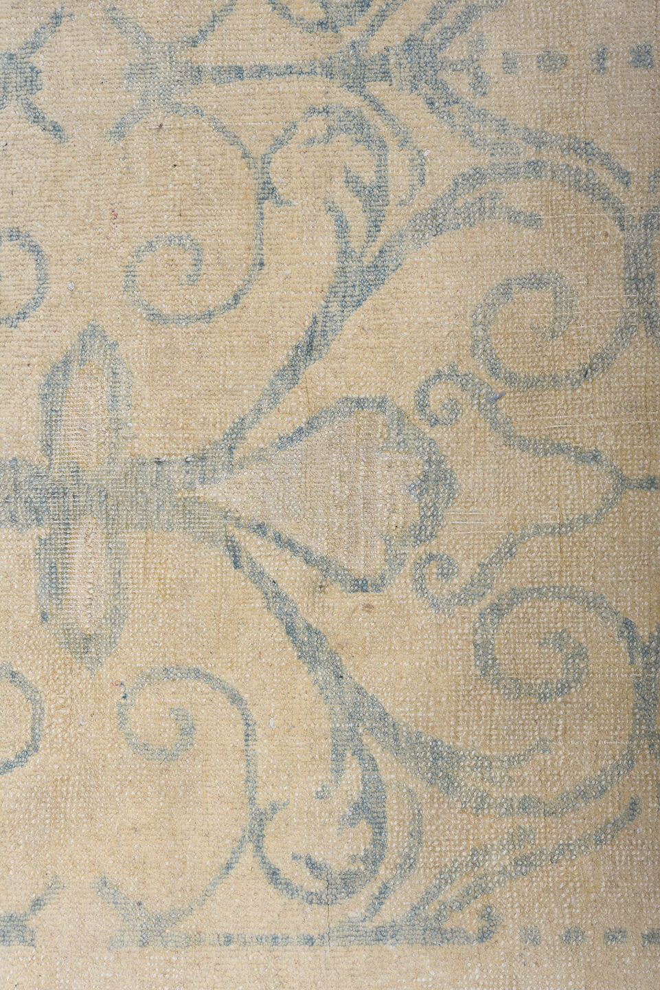 8' x 9' one-of-a-kind handmade vintage European rug. Color palette: ivory, pale blue, cream, beige, light blue