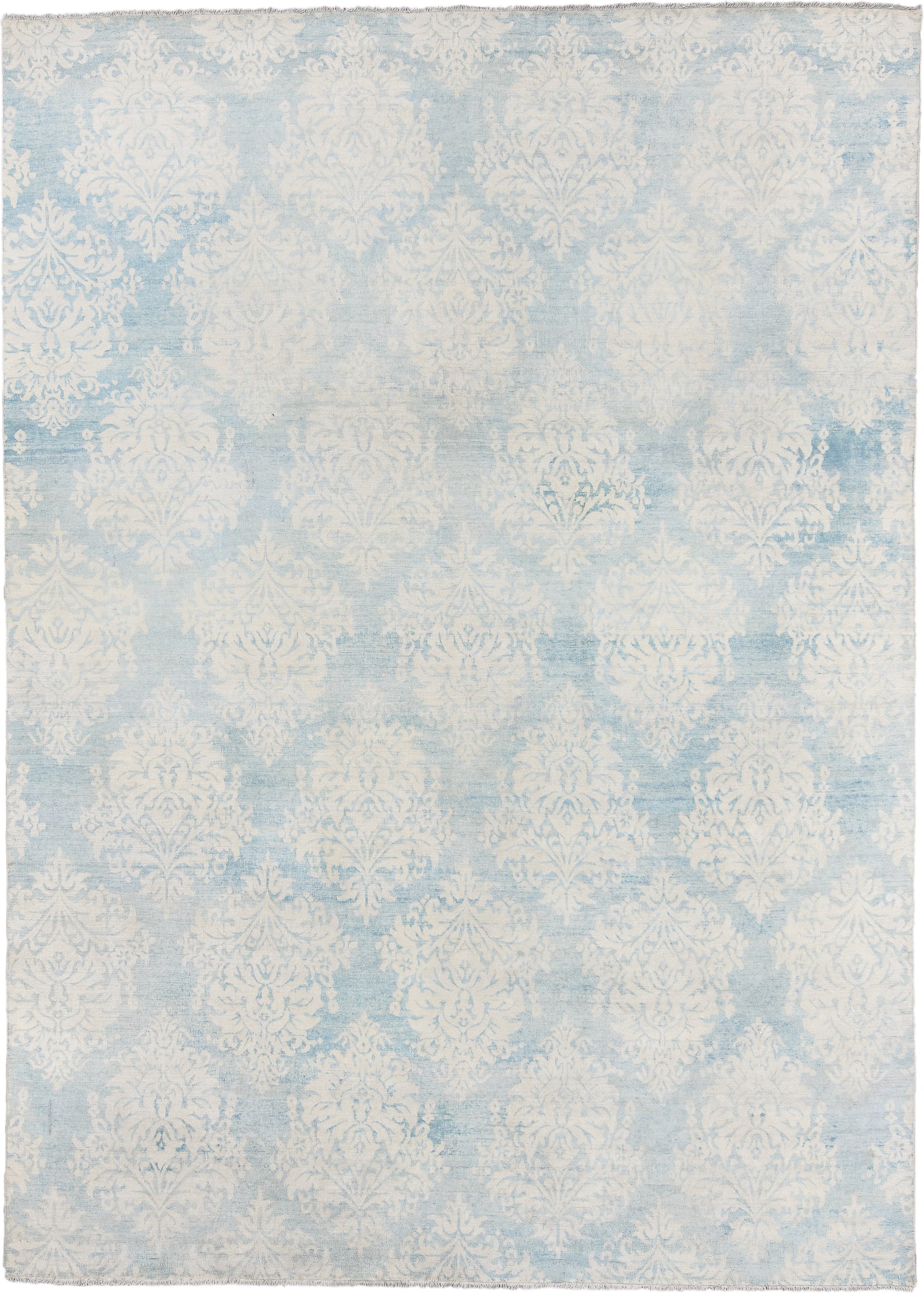 8' x 11' one-of-a-kind handmade vintage European large size rug. Color palette: ivory, pale blue, sky blue, cream, silver