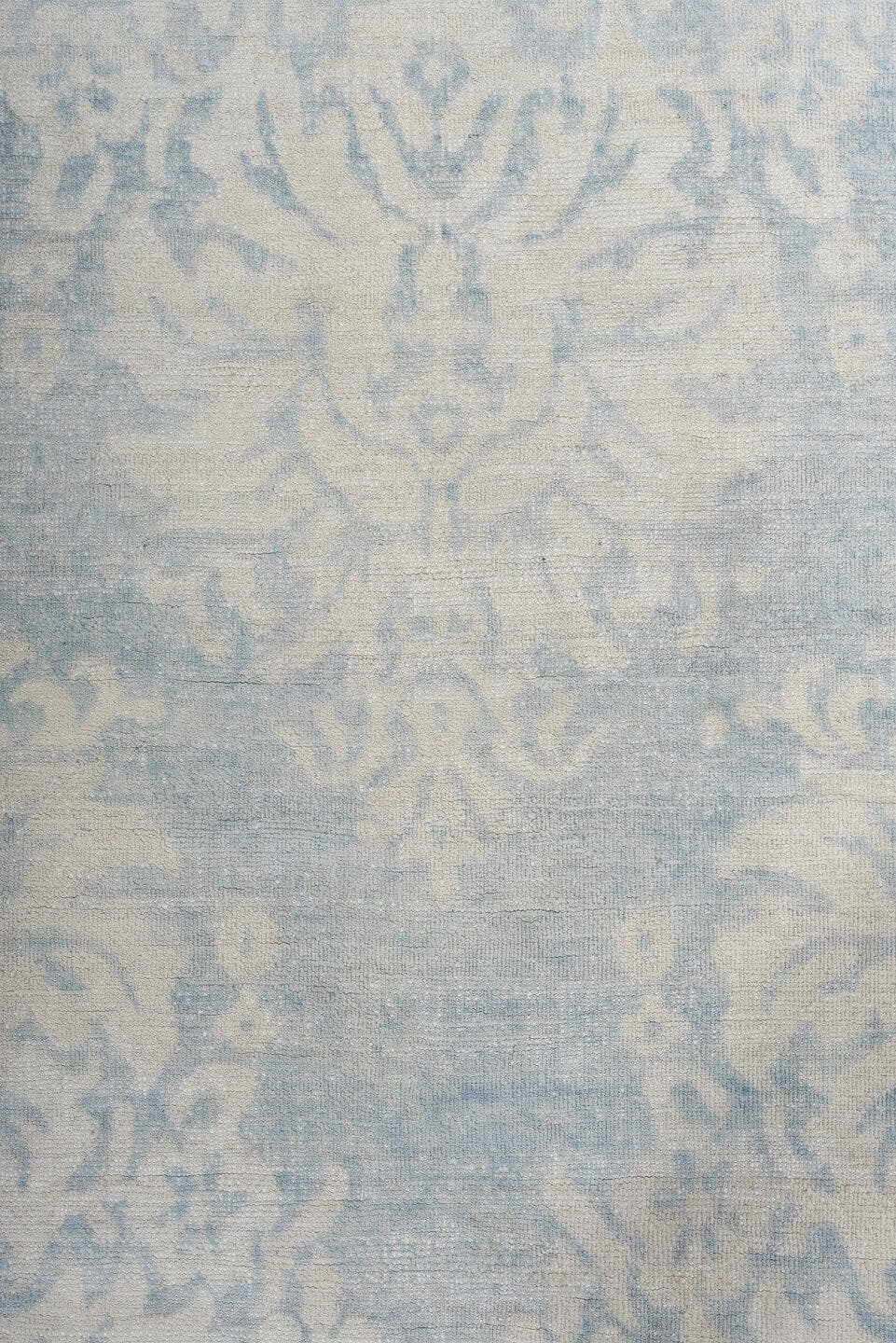8' x 11' one-of-a-kind handmade vintage European large size rug. Color palette: ivory, pale blue, sky blue, cream, silver