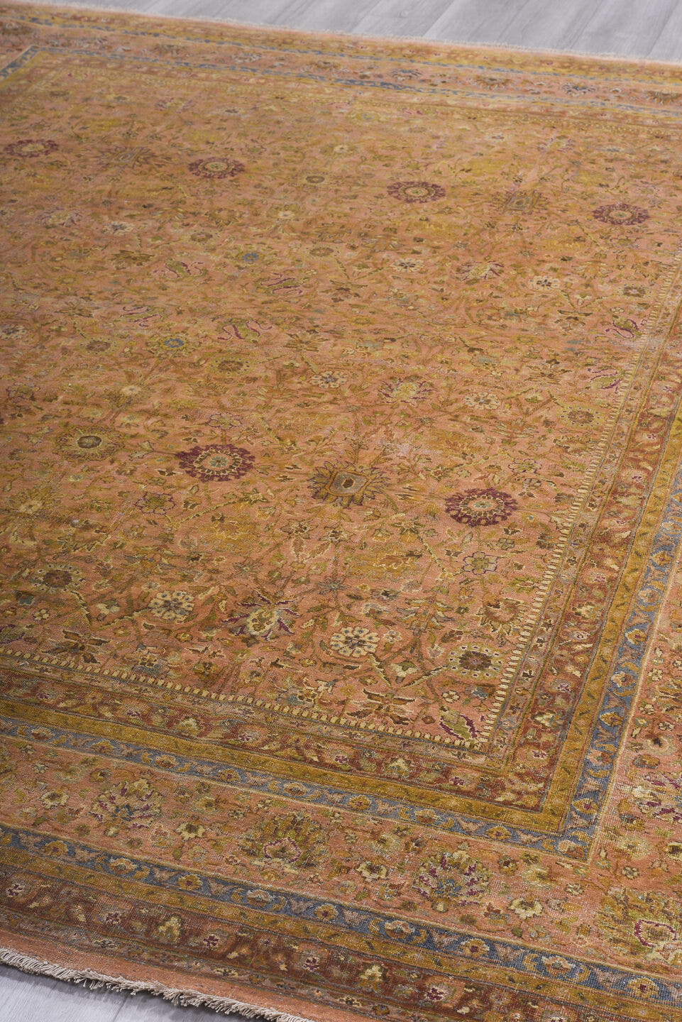 8' x 9' one-of-a-kind handmade vintage Sivas rug. Color palette: camel, taupe, dusty rose, faded gold, slate blue, ivory
