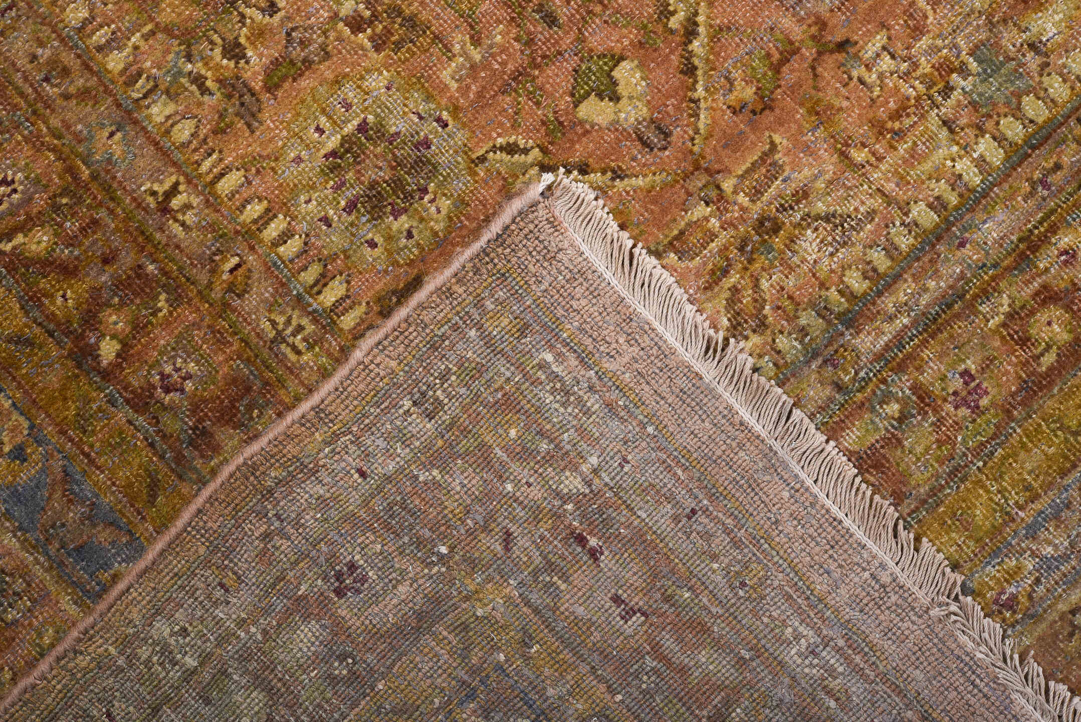 8' x 9' one-of-a-kind handmade vintage Sivas rug. Color palette: camel, taupe, dusty rose, faded gold, slate blue, ivory