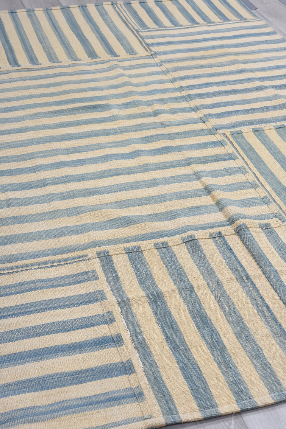 5' x 8' one-of-a-kind handmade vintage Kilim medium size rug. Color palette: ivory, sky blue, pale blue, light blue