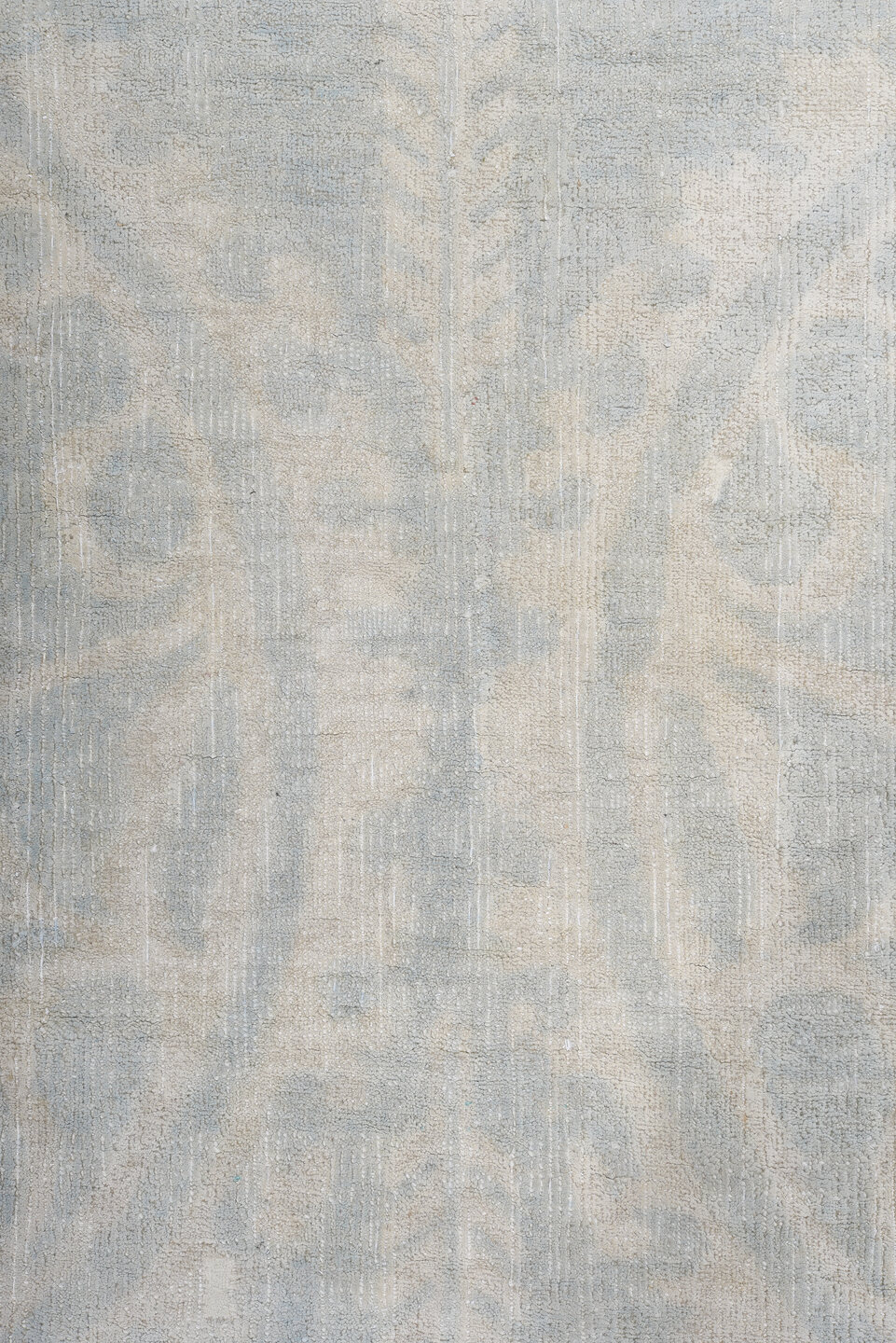 7' x 9' one-of-a-kind handmade vintage European rug. Color palette: pale blue, ivory, cream, silver, taupe, light blue, gray