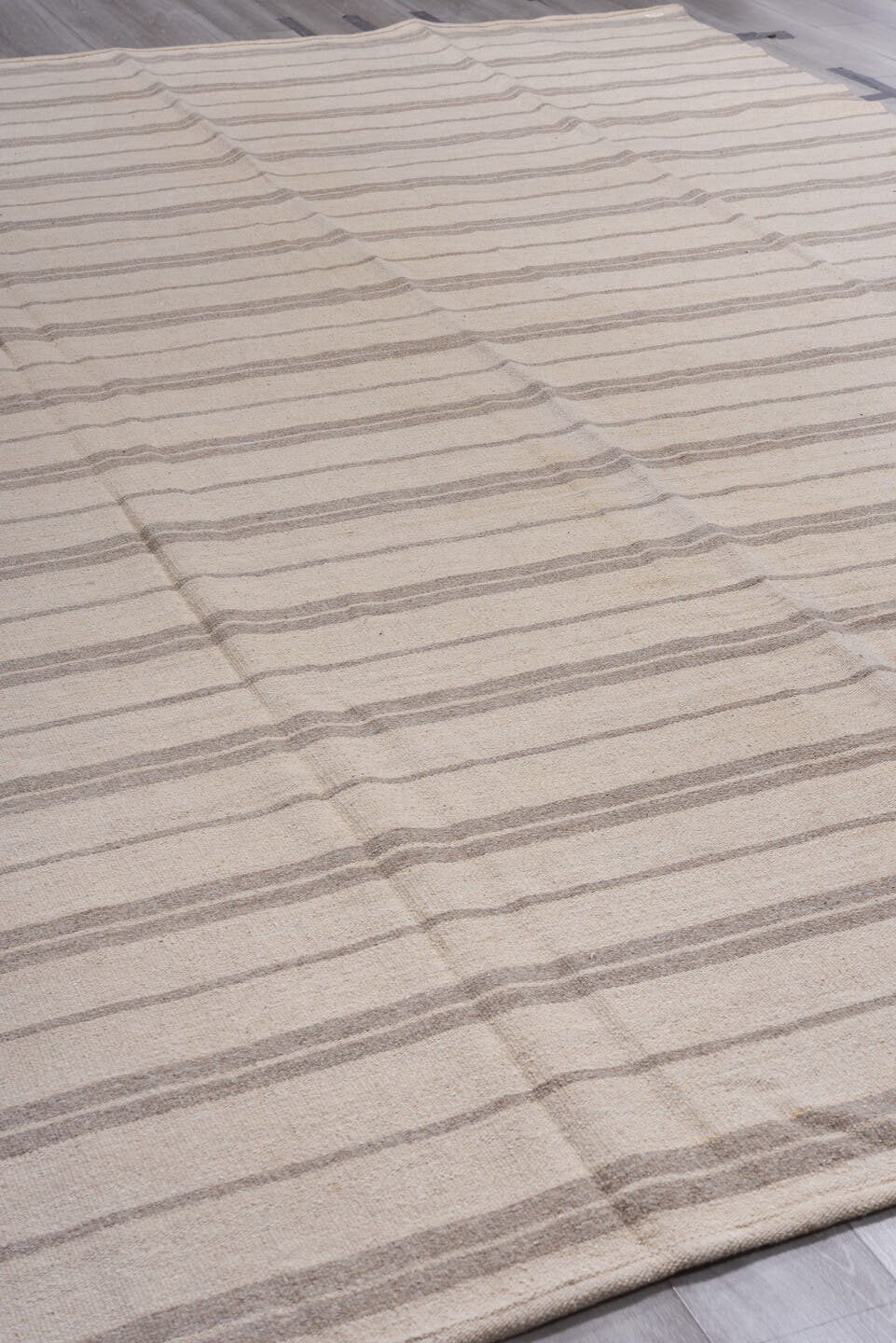 9' x 13' one-of-a-kind handmade vintage Kilim large size rug. Color palette: ivory, taupe, gray, cream, beige