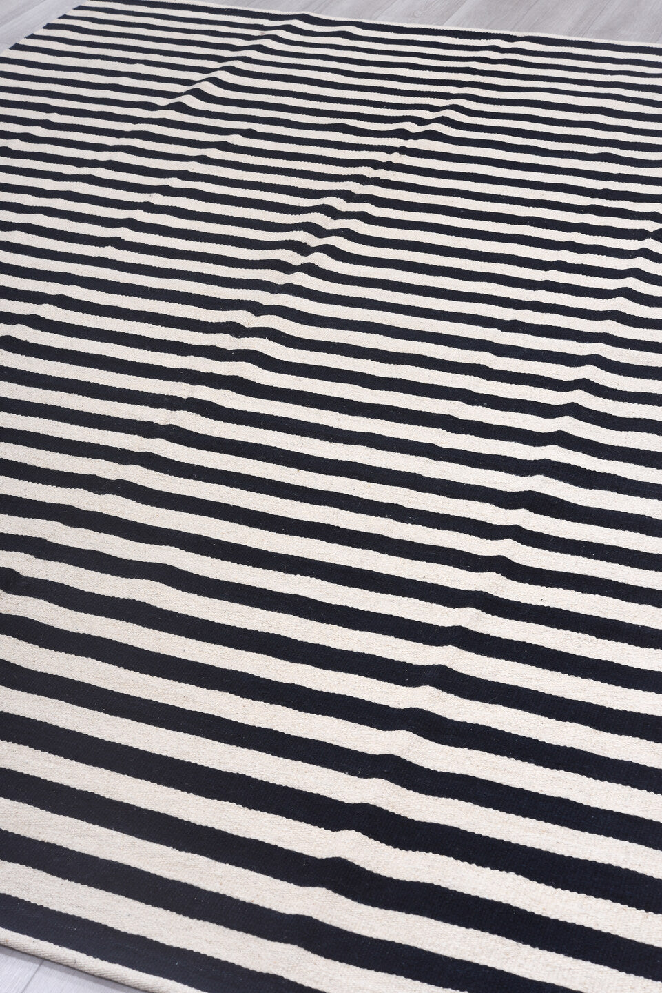 7' x 9' one-of-a-kind handmade vintage Kilim rug. Color palette: black, brown, gainsboro, gray, light gray, linen, off-white