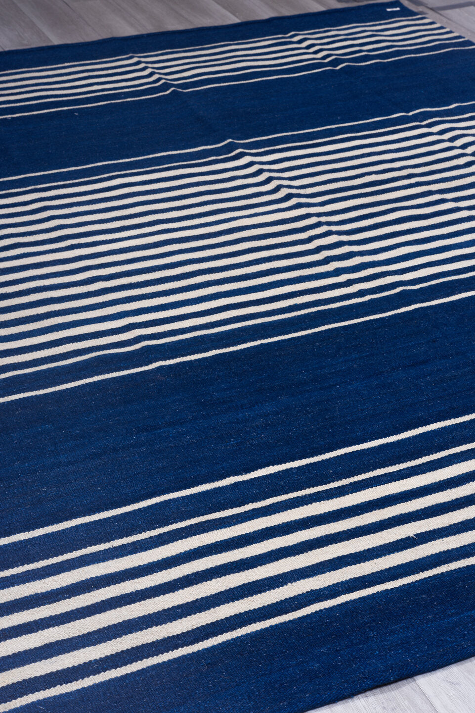 7' x 9' one-of-a-kind handmade vintage Kilim rug. Color palette: blue, gainsboro, gray, light blue, light gray, off-white