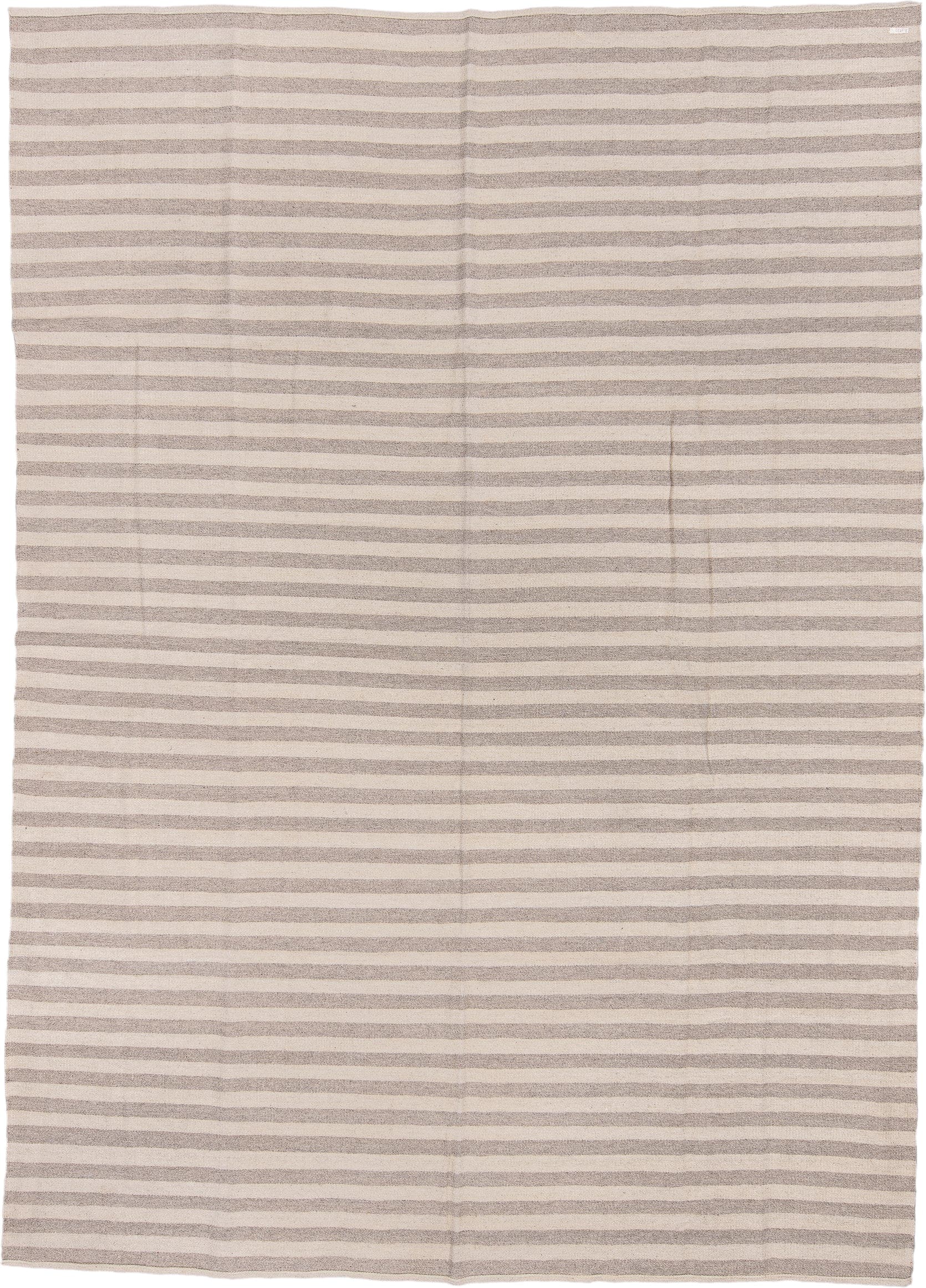 8' x 12' one-of-a-kind handmade vintage Kilim large size rug. Color palette: ivory, taupe, beige, light gray, gray