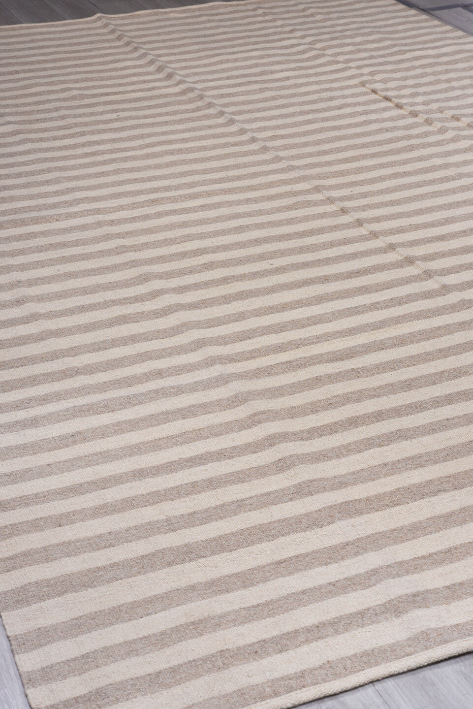 8' x 12' one-of-a-kind handmade vintage Kilim large size rug. Color palette: ivory, taupe, beige, light gray, gray