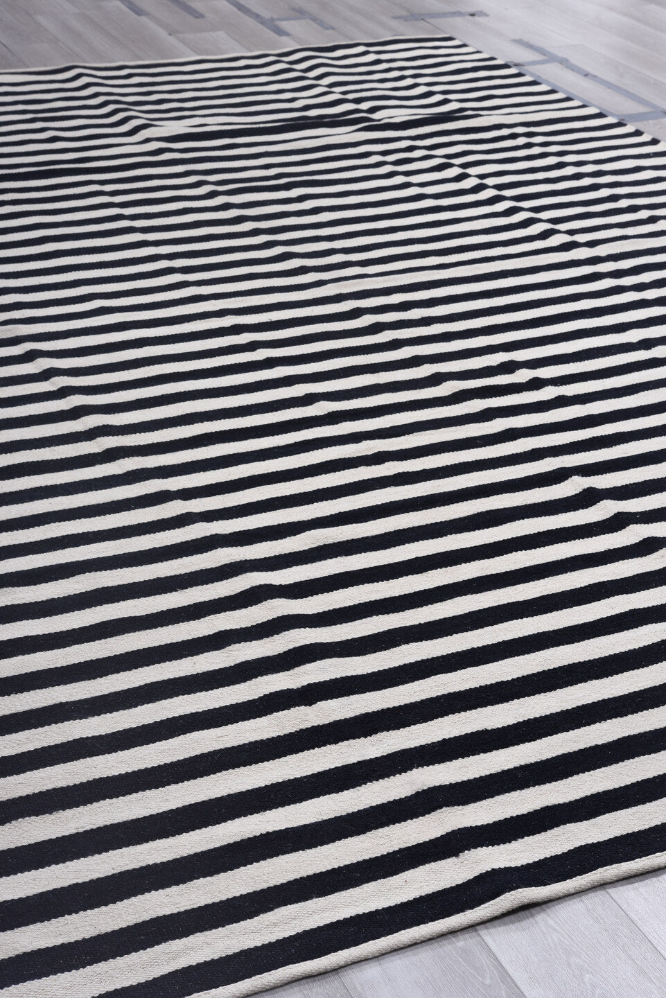 8' x 12' one-of-a-kind handmade vintage Kilim large size rug. Color palette: black, blue, dark gray, gray, light gray