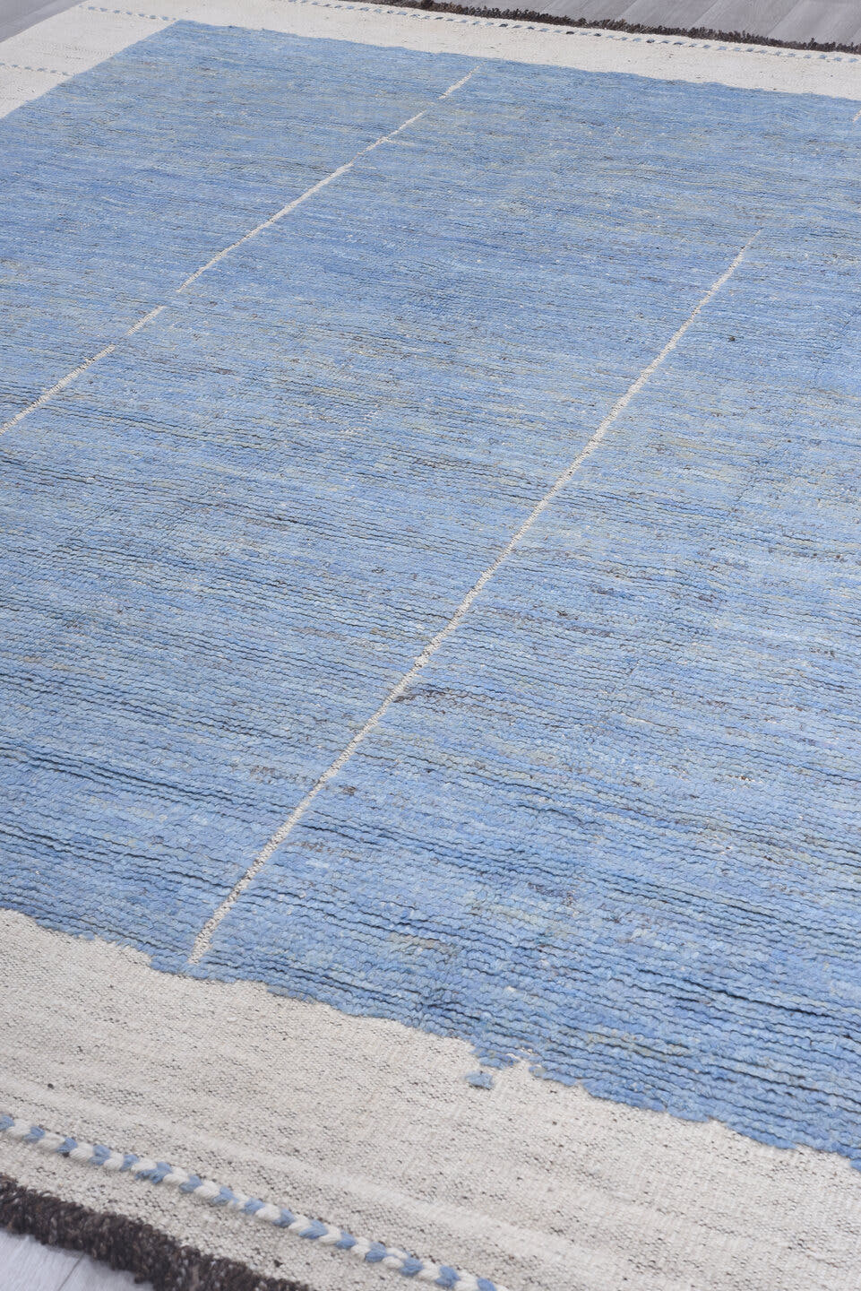 9' x 12' one-of-a-kind handmade vintage Tulu large size rug. Color palette: sky blue, ivory, cream, taupe, charcoal
