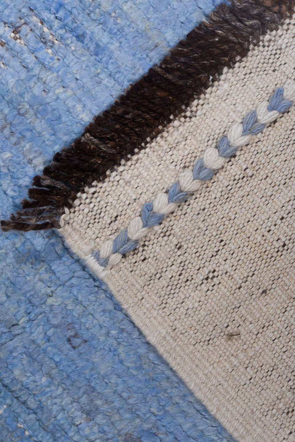 9' x 12' one-of-a-kind handmade vintage Tulu large size rug. Color palette: sky blue, ivory, cream, taupe, charcoal