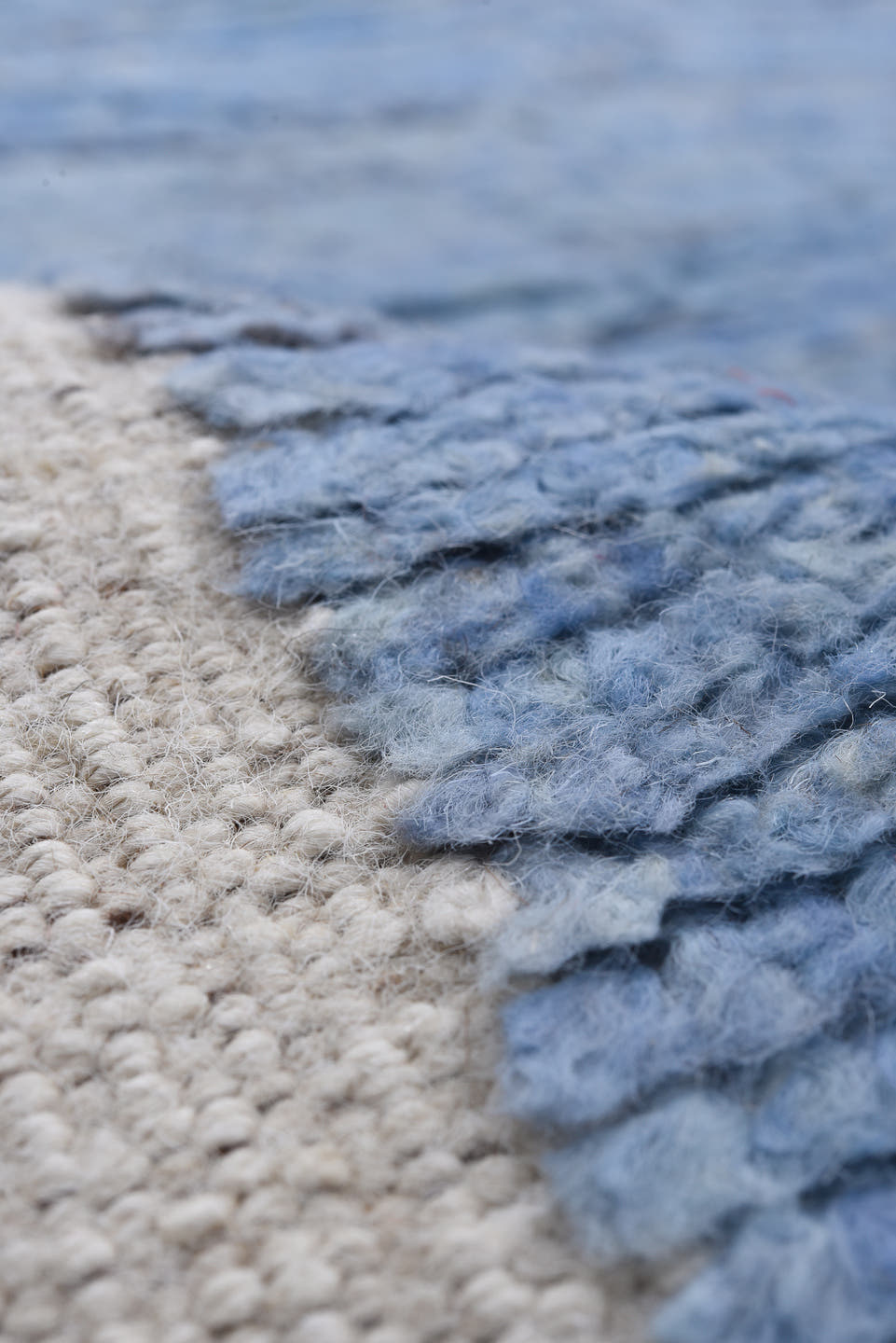 9' x 12' one-of-a-kind handmade vintage Tulu large size rug. Color palette: sky blue, ivory, cream, taupe, charcoal