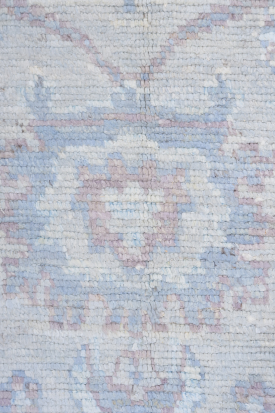 9' x 12' one-of-a-kind handmade vintage Tulu large size rug. Color palette: pale blue, ivory, lavender, blush, cream