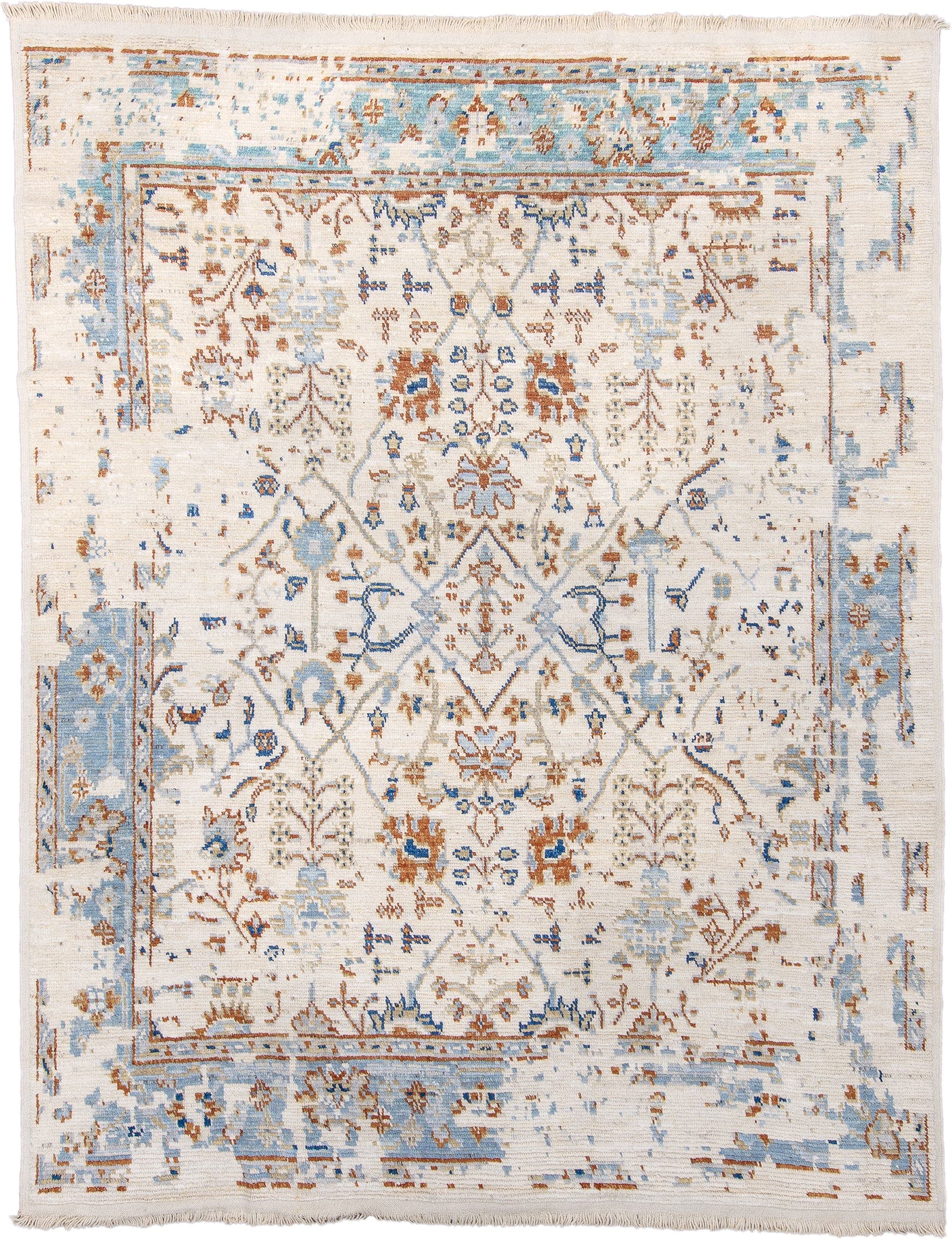 9' x 12' one-of-a-kind handmade vintage Tulu large size rug. Color palette: ivory, pale blue, rust, beige, cobalt