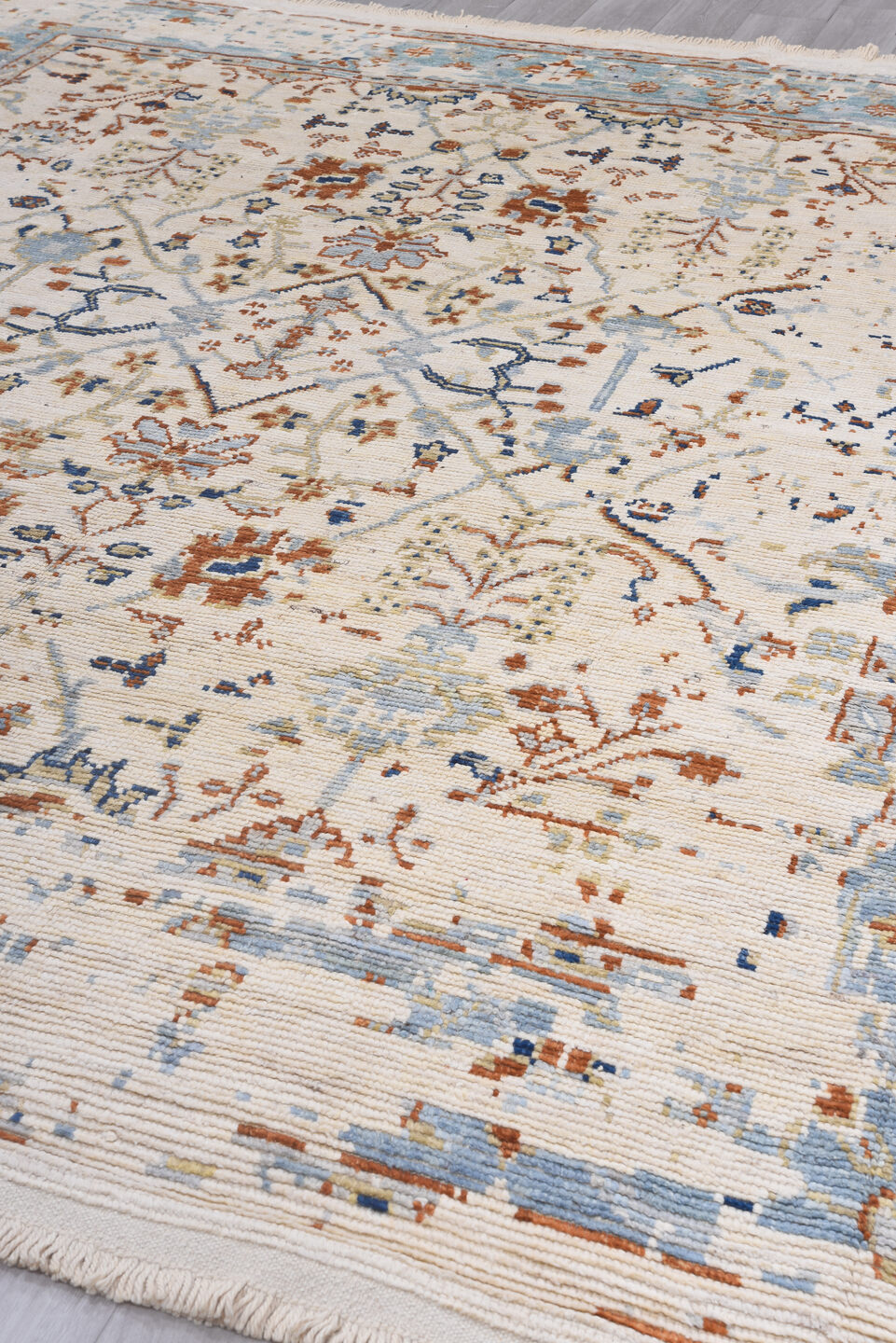 9' x 12' one-of-a-kind handmade vintage Tulu large size rug. Color palette: ivory, pale blue, rust, beige, cobalt