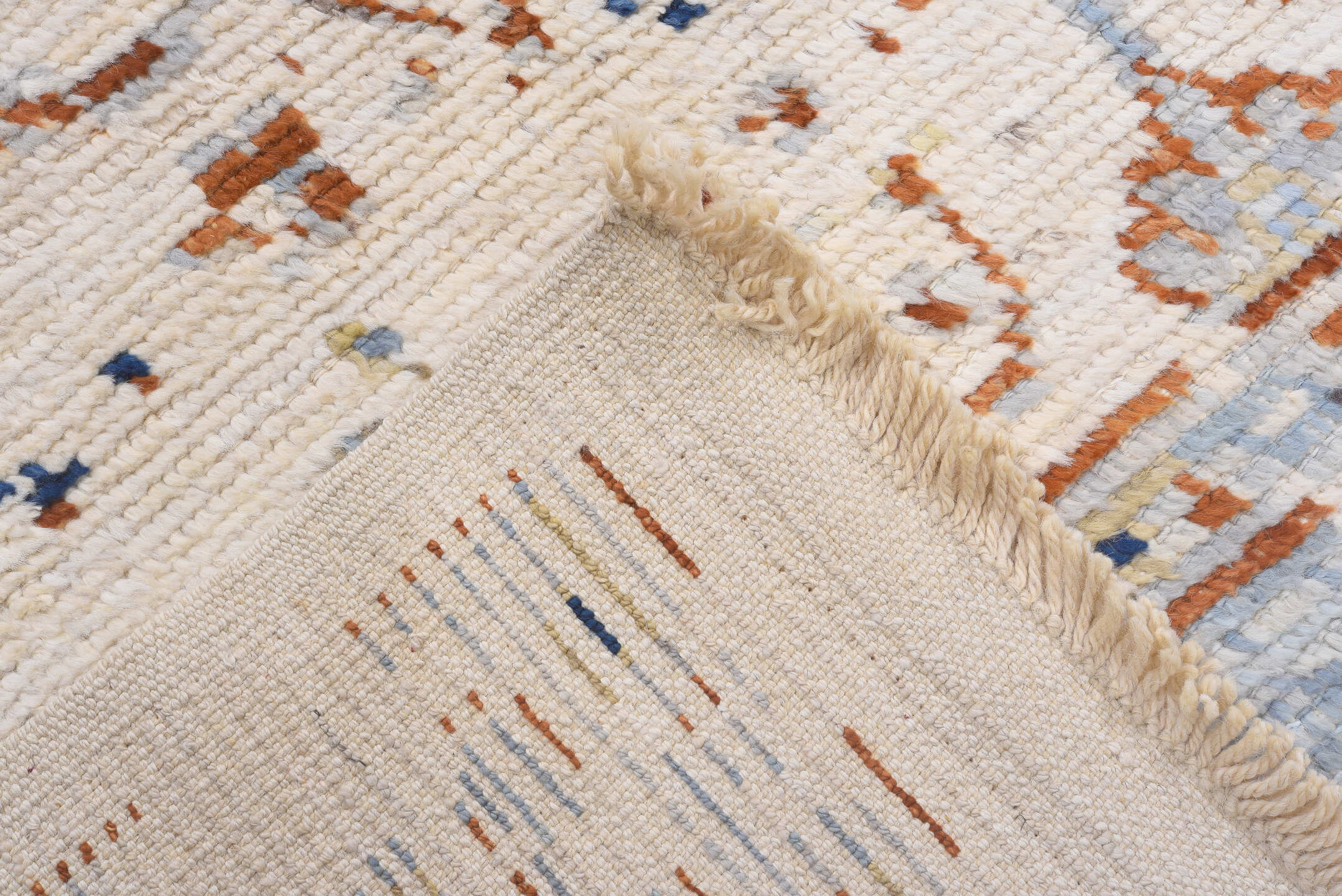 9' x 12' one-of-a-kind handmade vintage Tulu large size rug. Color palette: ivory, pale blue, rust, beige, cobalt