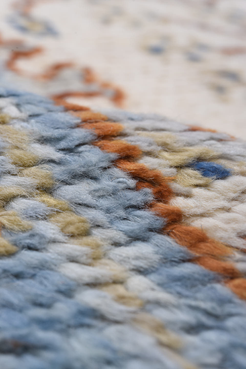 9' x 12' one-of-a-kind handmade vintage Tulu large size rug. Color palette: ivory, pale blue, rust, beige, cobalt