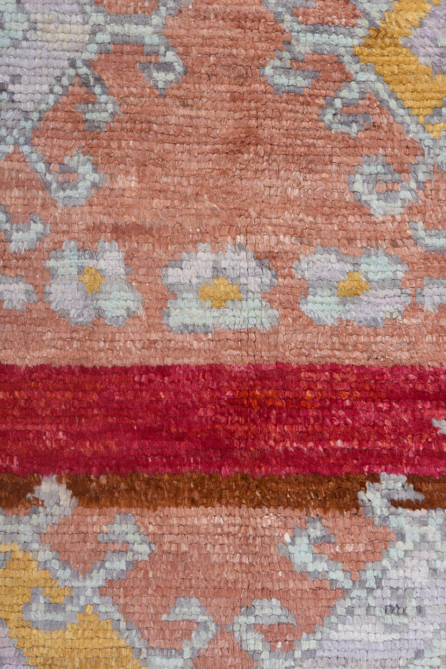 8' x 12' one-of-a-kind handmade vintage Tulu large size rug. Color palette: peach, lavender, ivory, gold, crimson, charcoal