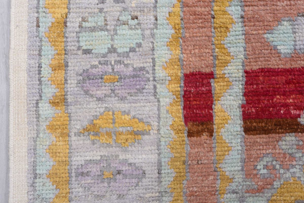 8' x 12' one-of-a-kind handmade vintage Tulu large size rug. Color palette: peach, lavender, ivory, gold, crimson, charcoal