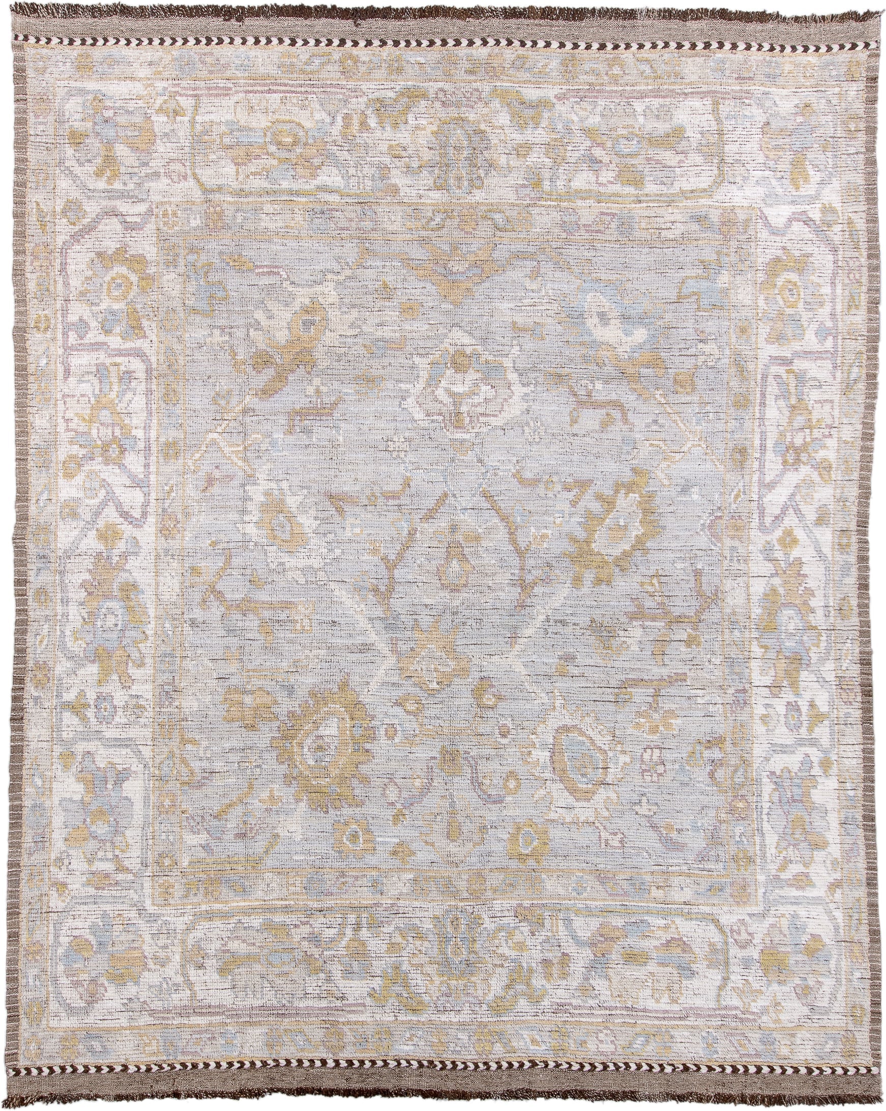 9' x 12' one-of-a-kind handmade vintage Tulu large size rug. Color palette: ivory, light gray, gold, blush, pale blue, taupe