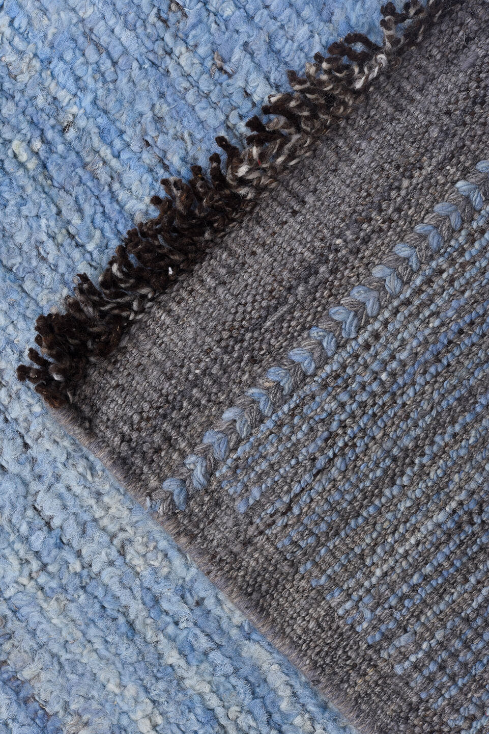 9' x 11' one-of-a-kind handmade vintage Tulu large size rug. Color palette: sky blue, slate, charcoal, ivory, light blue
