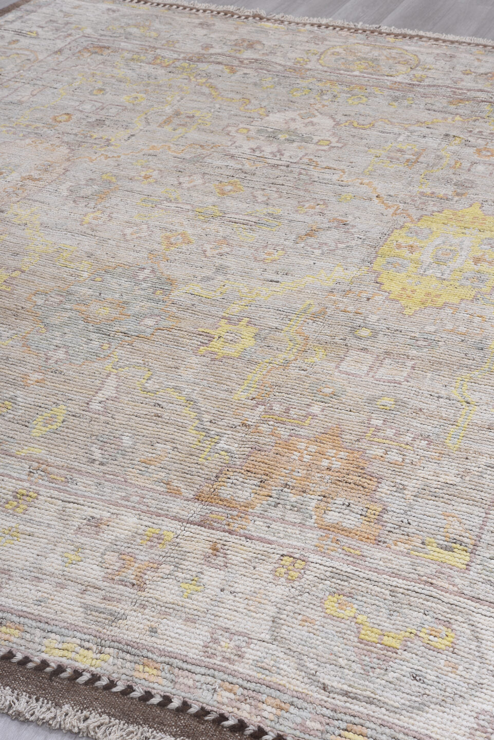 8' x 10' one-of-a-kind handmade vintage Tulu large size rug. Color palette: gray, pink, off-white, light gray, brown