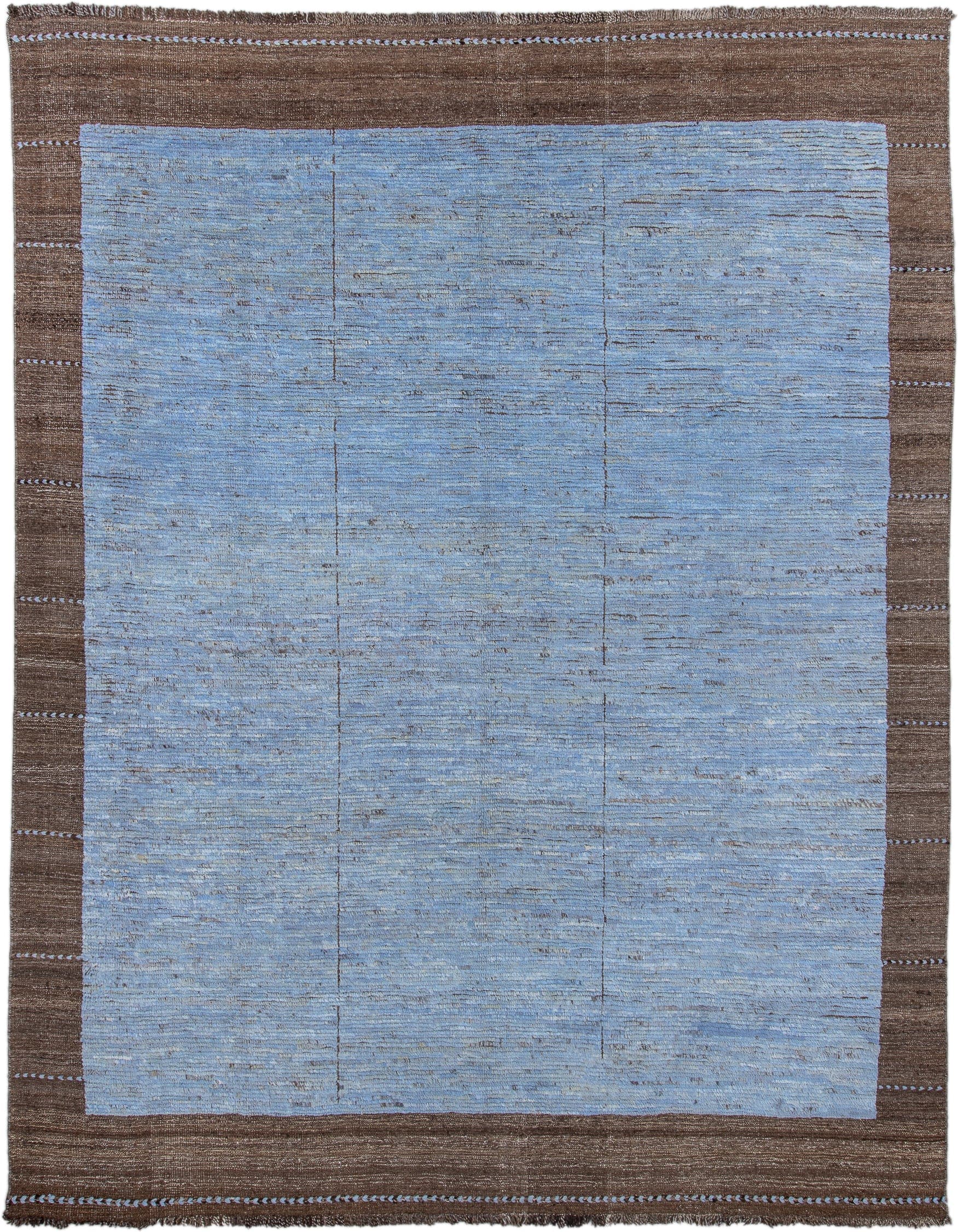 9' x 12' one-of-a-kind handmade vintage Tulu large size rug. Color palette: light blue, brown, taupe, beige, gray